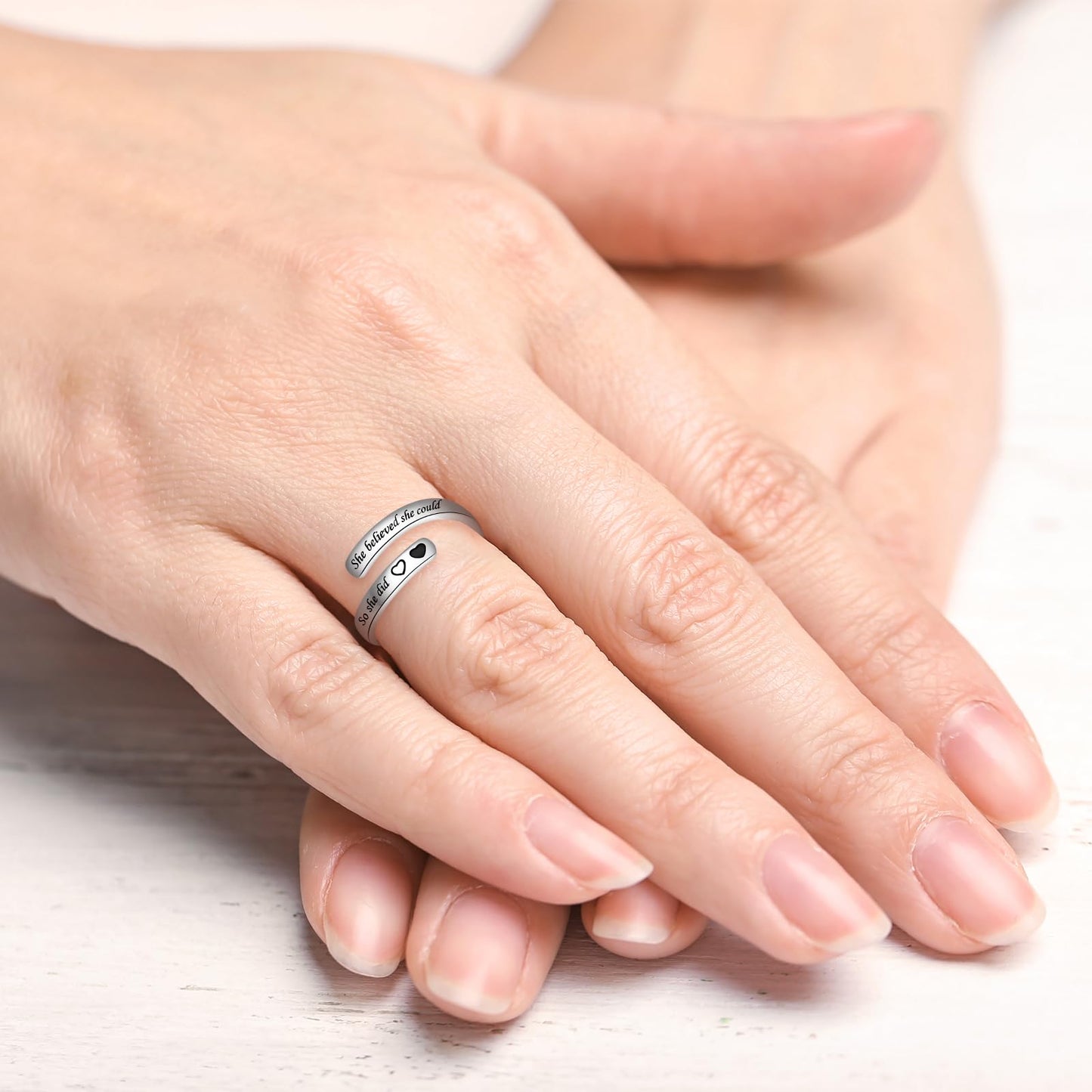925 Sterling Silver Inspirational Jewelry Adjustable Wrap Open Ring Encouragement Gift for Women(She believed she could So she did)