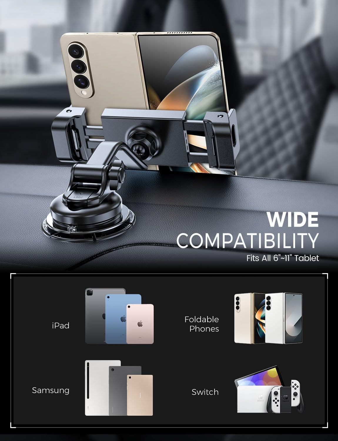 eSamcore Tablet Holder for Car Dashboard, Windshield Mount Holder for iPad & Foldable Phone Stand with Stable 360° Adjustable Clamp Car Gadgets & Accessories for iPad Air Pro Mini All 6”-11” Devices