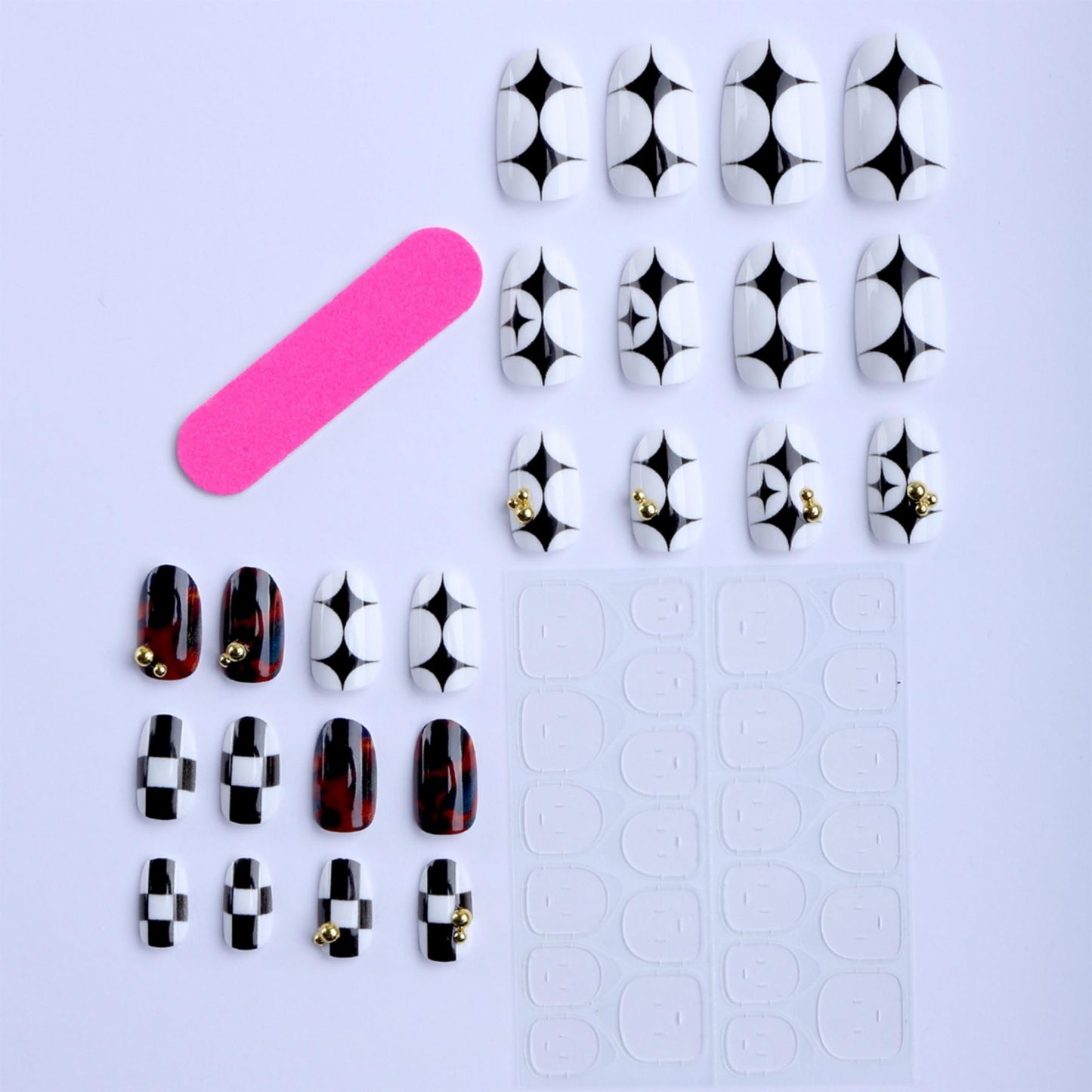 octoswave Press on Nails Short Almond Fake Nails Black and White Designs Artificial Nail 3D Rhinestones Charm Stick on Nail for Women 24pcs