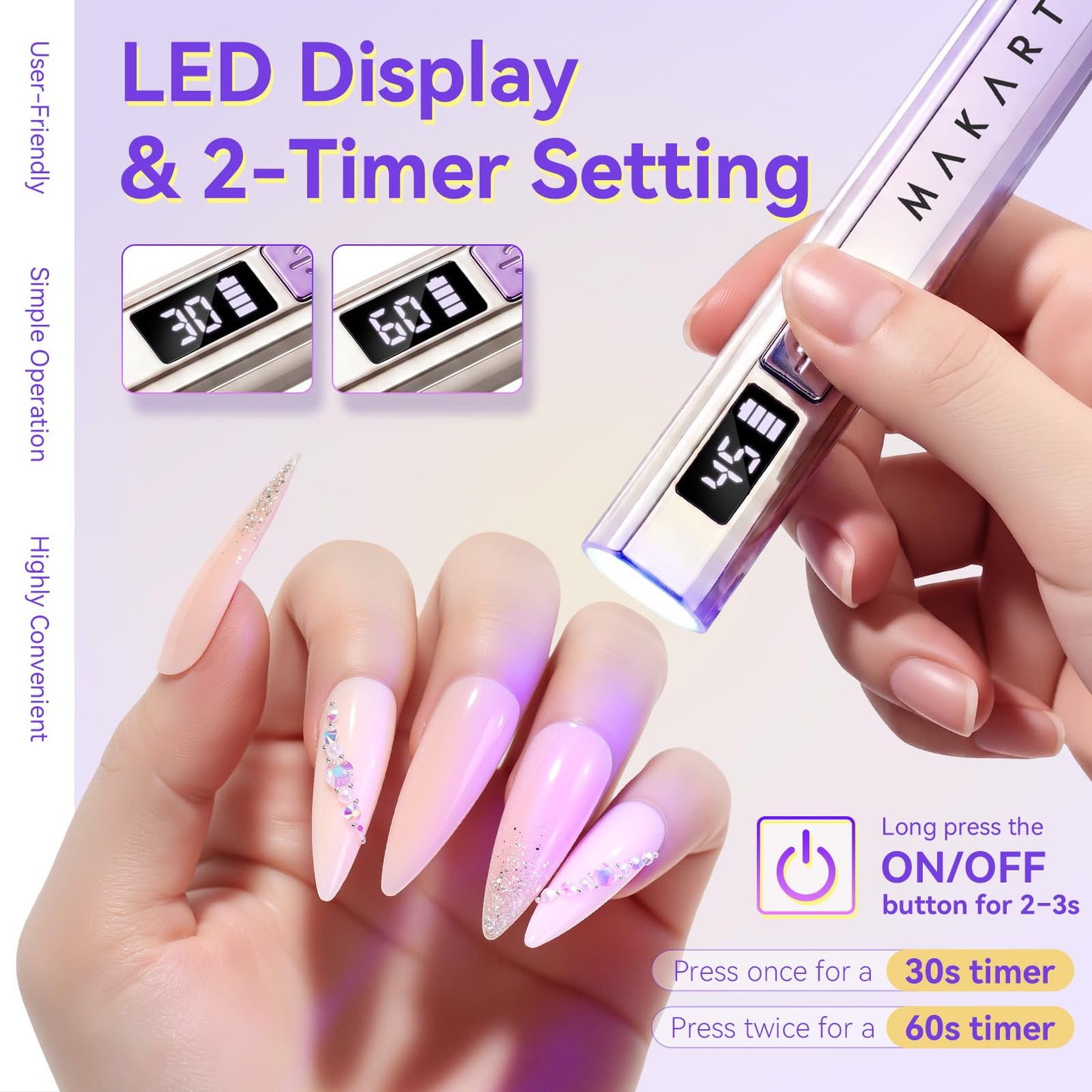 Makartt Handheld UV Light for Gel Nails – Portable Mini UV LED Nail Lamp Fast Curing Nail Dryer Rechargeable USB Nail Light with LCD & 2 Timers for DIY & Salon(Gradient Purple)