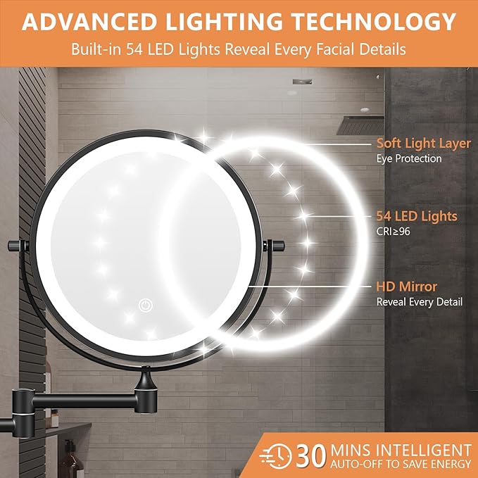 Auxmir 1X/30X Wall Mounted Makeup Mirror with Light, 8" Rechargeable Double-Sided Magnifying Mirror, Vanity Mirror Dimmable 3 Color Light, 360° Extension Rotation Foldable 14.5 Inch Arm, Black
