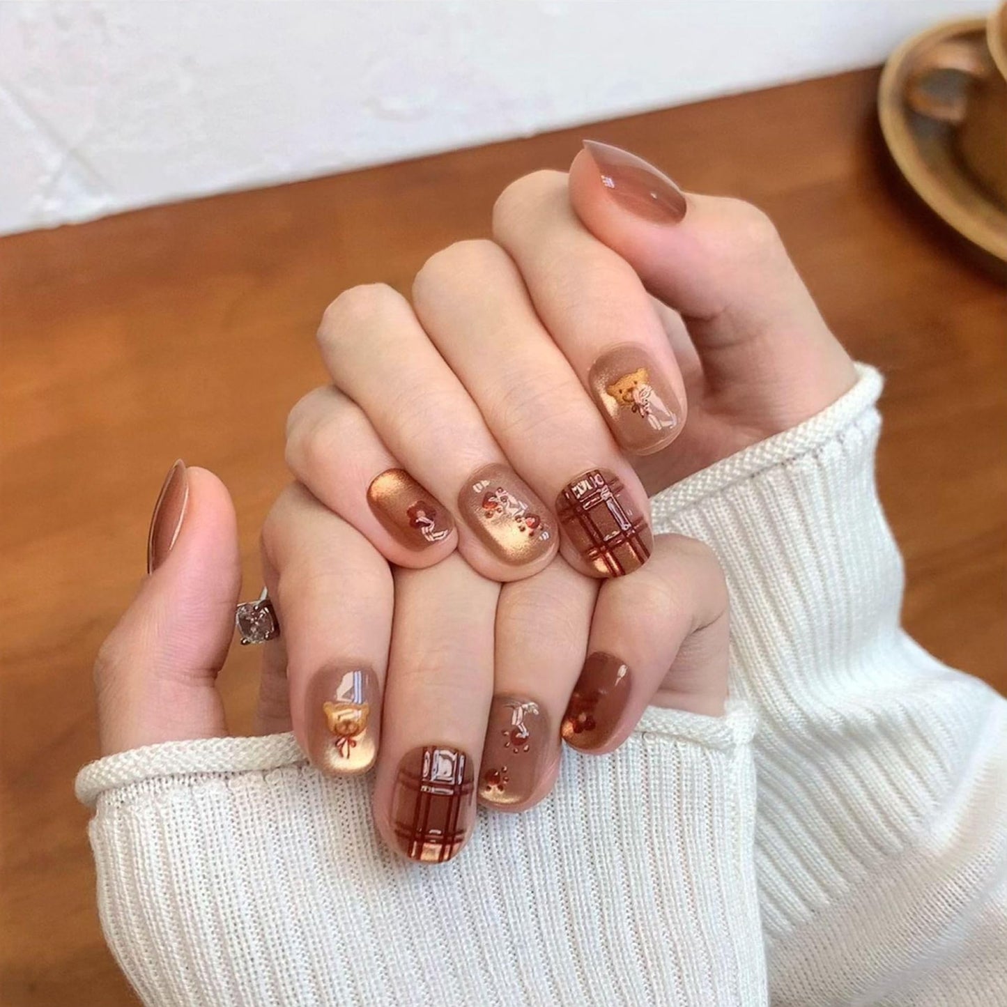 plalely Square Press on Nails Short Brown Stick on Nail Tips Cute Bear and Flower Nails Press ons Press on False Nails for Women 24pcs