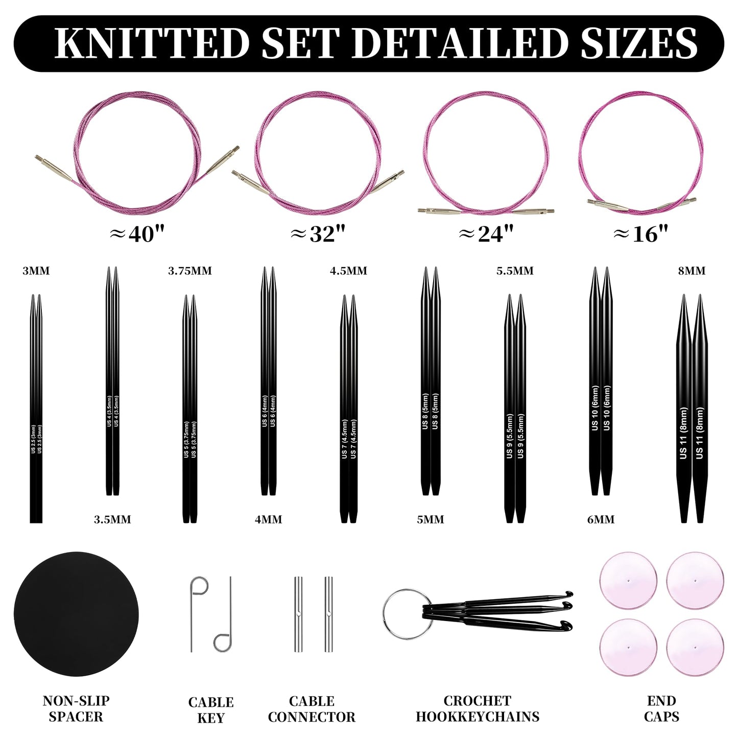 Froggod 4.53-inch (11.5cm) Interchangeable Circular Knitting Needles Set Aluminum US Sizes 2.5, 4, 5, 6, 7, 8, 9, 10, 11 with Interchangeable Knitting Needles and Cables, Accessories and Case, 9 Pairs