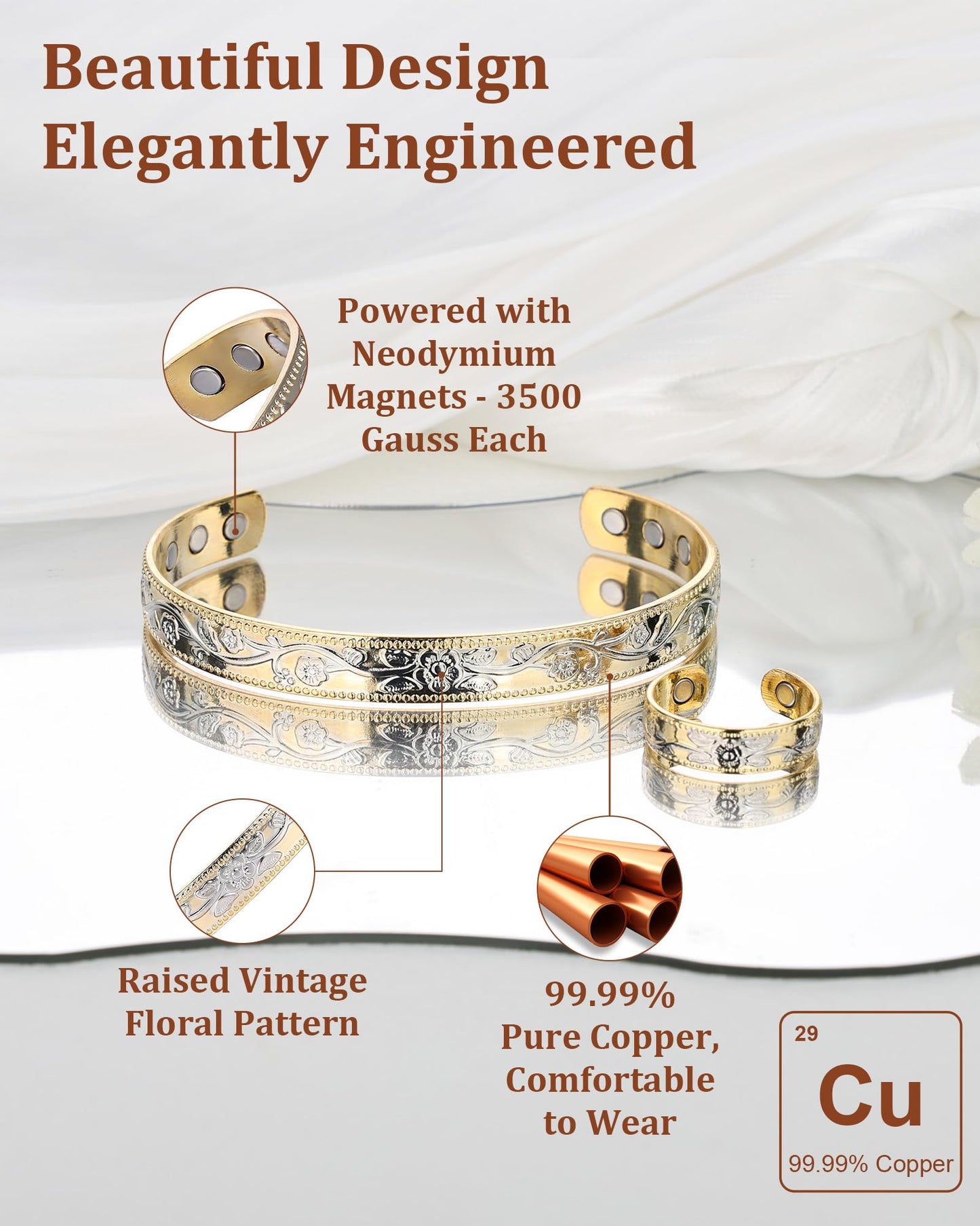 BioMag Copper Bracelet & Ring for Women, 99.99% Pure Copper Magnetic Bracelet Lymphatic Drainage Rings with 3500 Gauss Magnets, Adjustable & Flower Pattern (Gold Base with Silver)