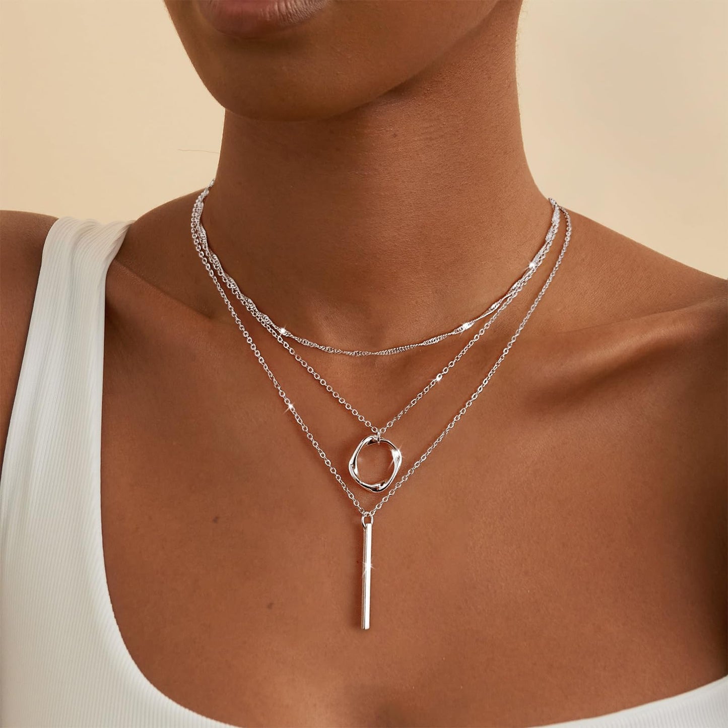 Feskive Layered Gold Necklaces for Women Dainty 14k Gold/Silver Plated Stackable Choker Necklaces for Women Trendy Cuba Cross Circle Pendant Necklaces Set Jewelry Gifts for Women