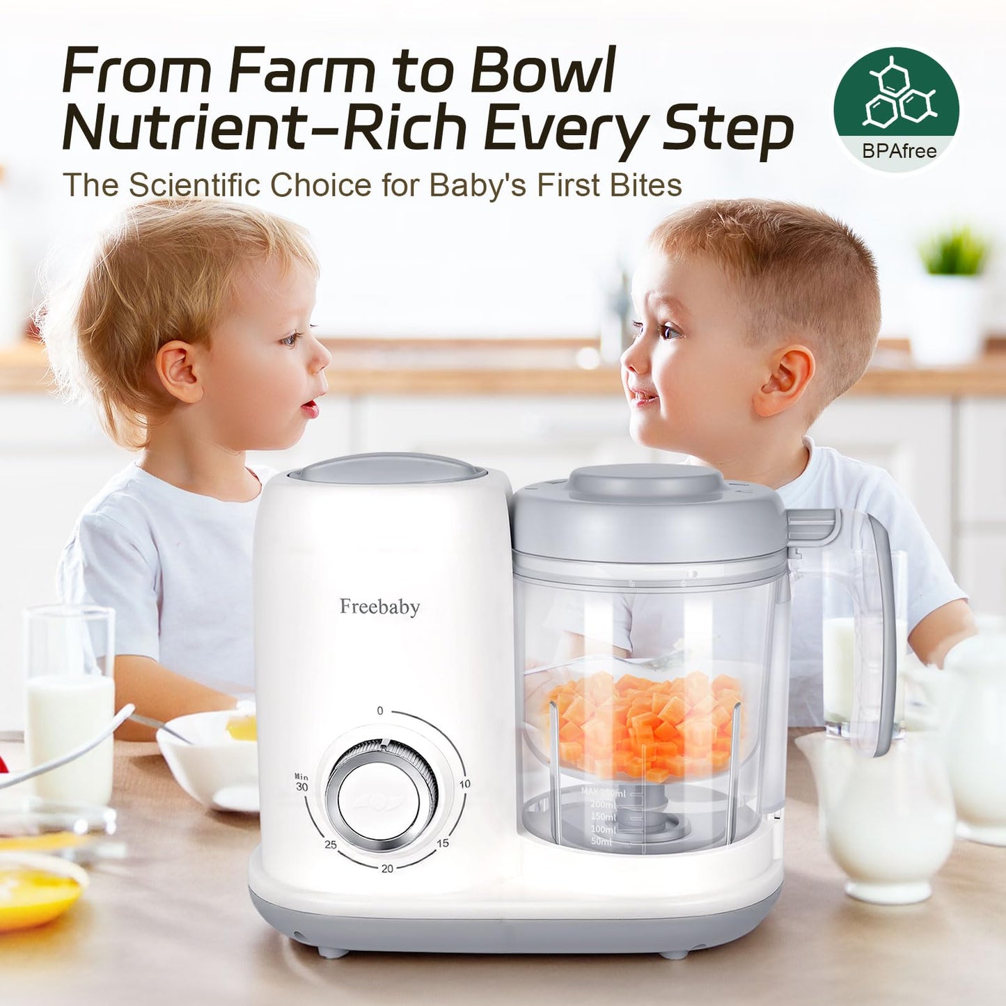 Freebaby 4 in 1 Baby Food Maker, One Step Baby Food Processor, Puree Blender Grinder Mills and Steamer, Baby Puree Maker with Steam Basket, One Button Easy Operation, BPA-Free