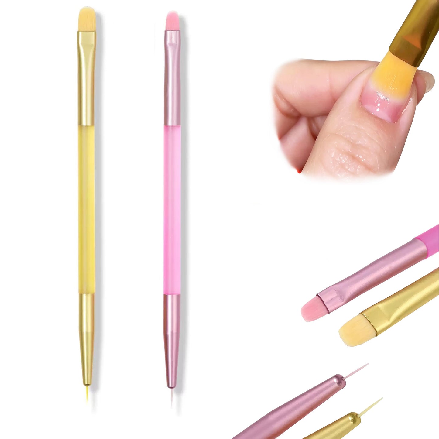 2Pcs Dual-Ended Gel Builder Brushes Set - 0.9mm Precision Liner + Small/Wide Round Tips for French Manicure, Nail Art & Time-Saving Gel Application