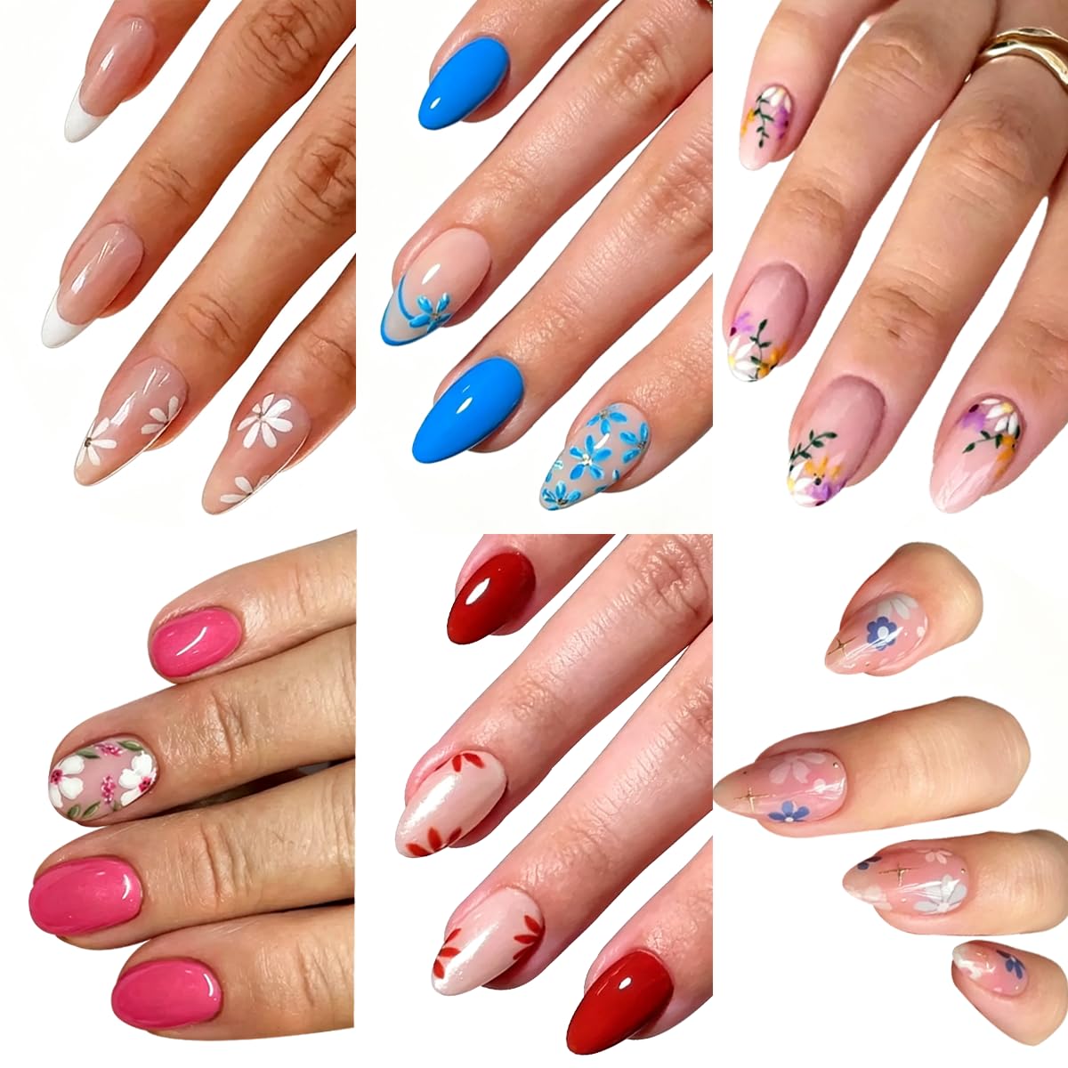 6 Packs (144 Pcs) Flower Press on Nails Medium Almond Fake Nails Spring Summer False Nails with Designs Cute Floral Glue on Nails Full Cover Glossy Acrylic Stick on Nail for Women Manicure