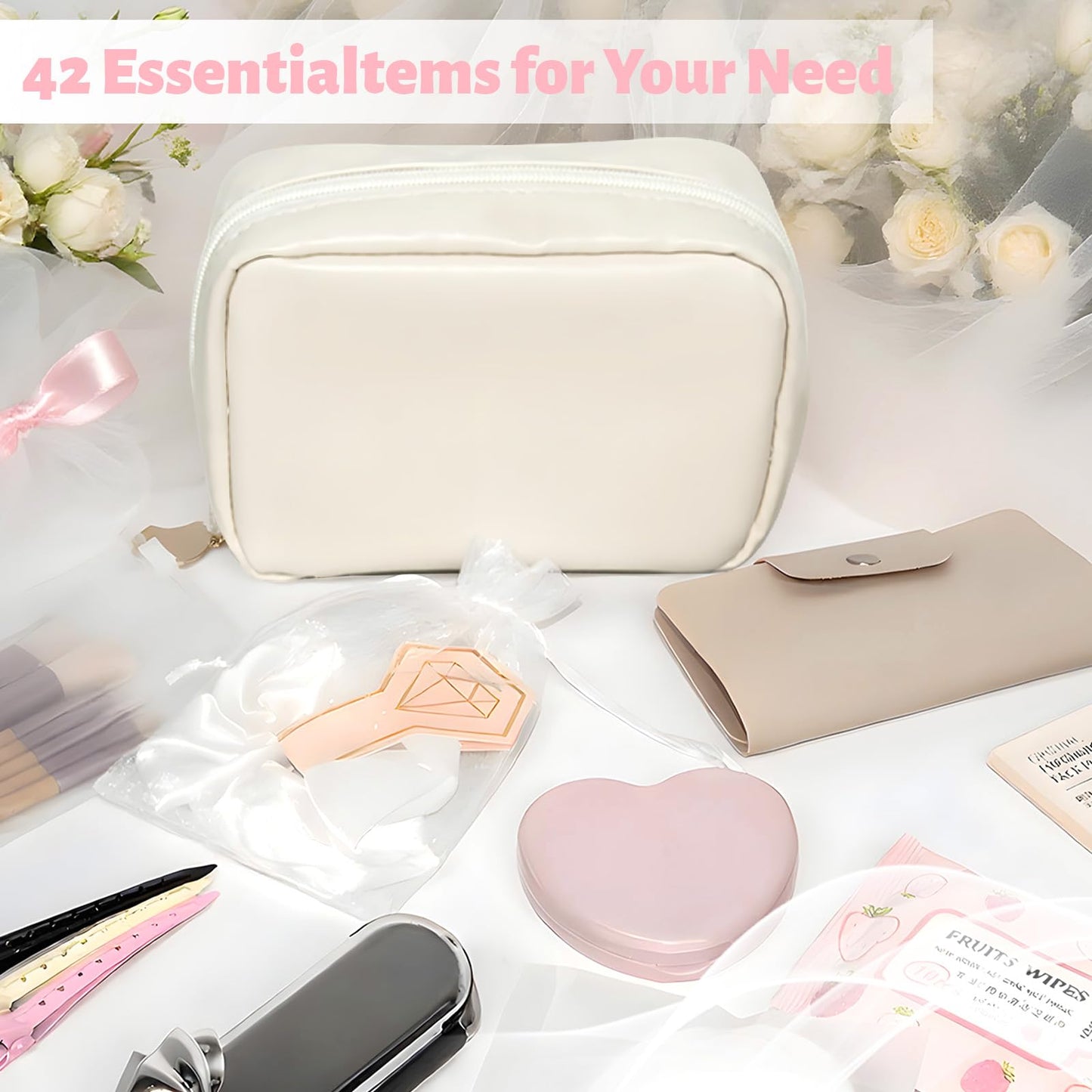 Wedding Emergency Kit for Bride, Wedding Survival Set with Makeup Bag, 42 Pc Wedding Daily Travel Essential Items