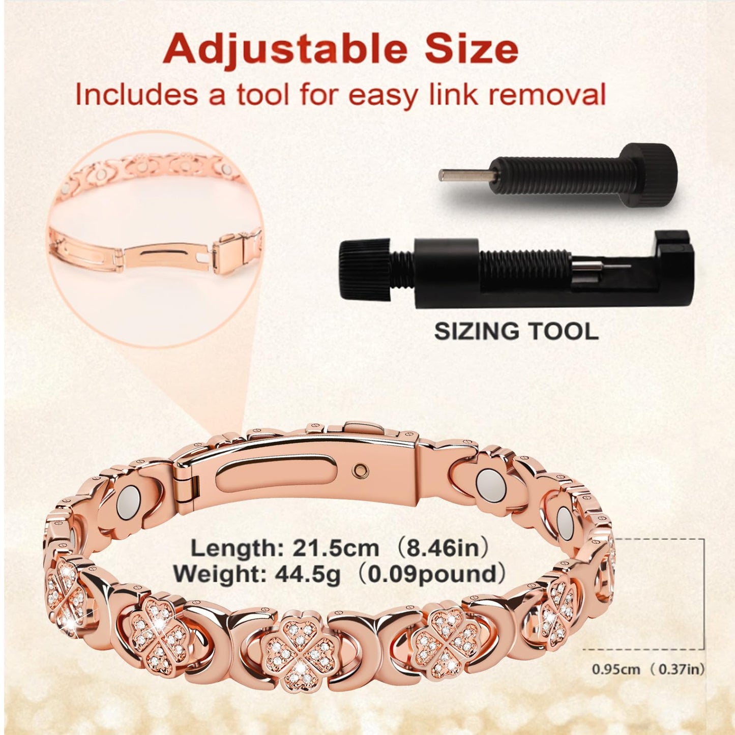 vapeples Copper Bracelets for Women, 3800 Gauss, 99% Pure Copper Magnetic Bracelet, Adjustable Sizing, Four-Leaf Clover Women's Bracelets with Sparkling Cubic Zirconia, Gift Packaging