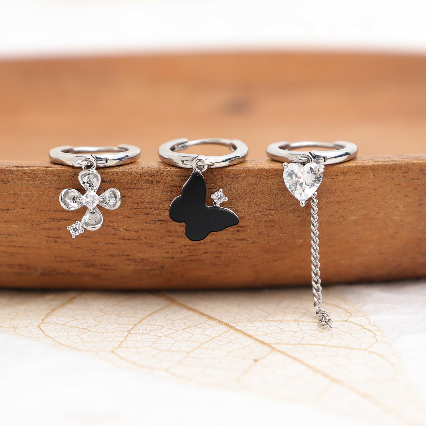 Frigotine Silver Butterfly Heart Small Hoop Stud Earrings Stack Set for Women, Dainty Sparkly Rhinestone Crystal Drop Multiple Piercing Cartilage Huggie Earing Holiday Prom Fashion Jewelry Gift