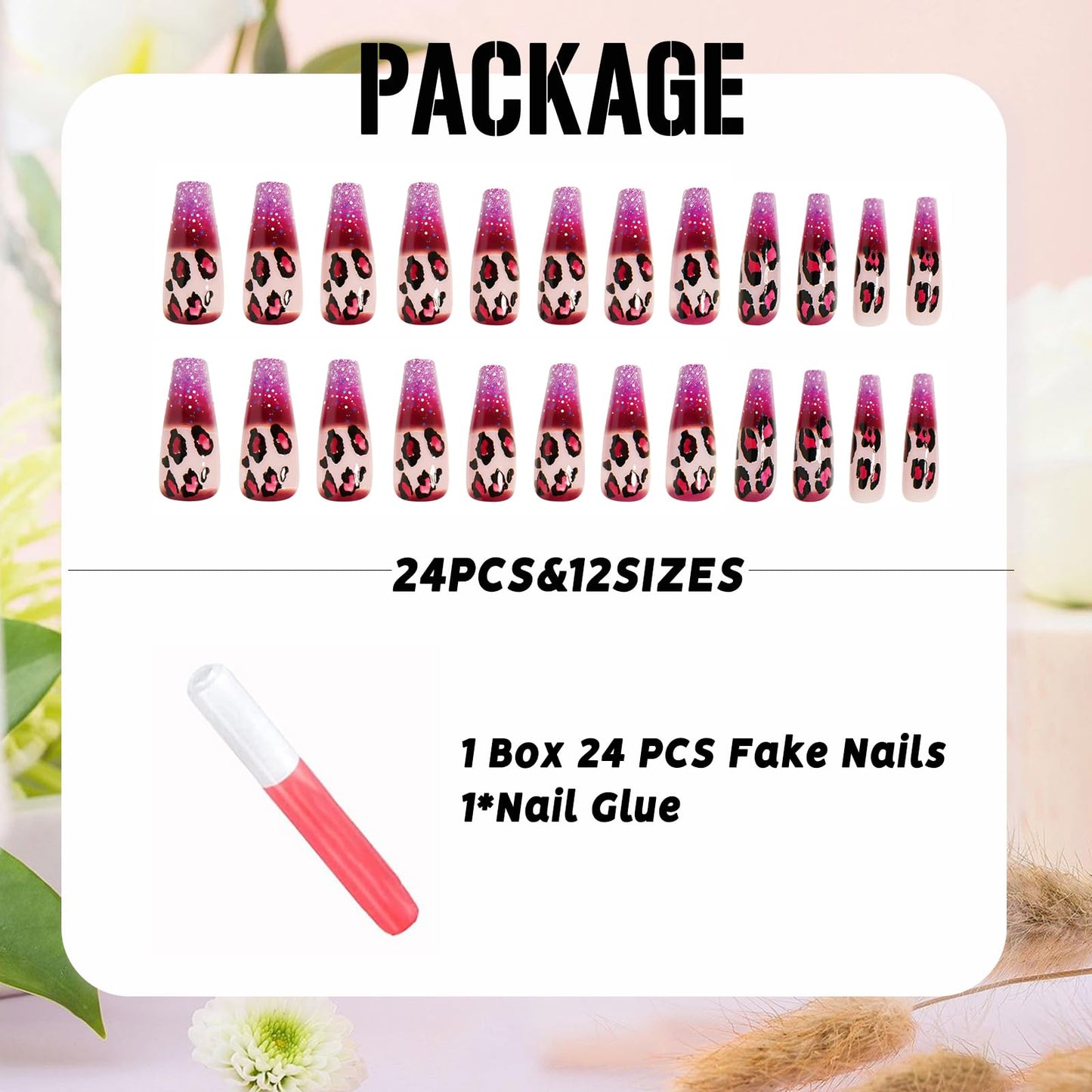 IMSOHOT Pink Press on Nails Long Coffin Fake Nails Leopard Print Designs Full Cover Glossy Glitter Gradient Acrylic Ballerina Stick on Nails for Women 24Pcs
