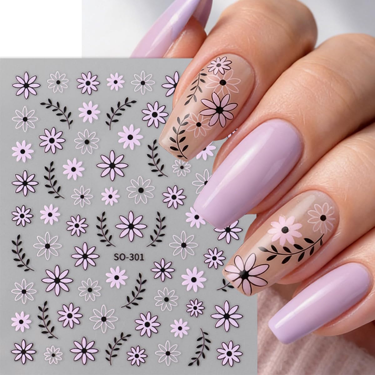 Black White Daisy Flowers Nail Stickers 3D Self Adhesive Purple Floral Nail Art Stickers Spring Cute Little Daisy Flower Nail Decals for Women Spring Summer DIY Nail Decor (6 Sheets)
