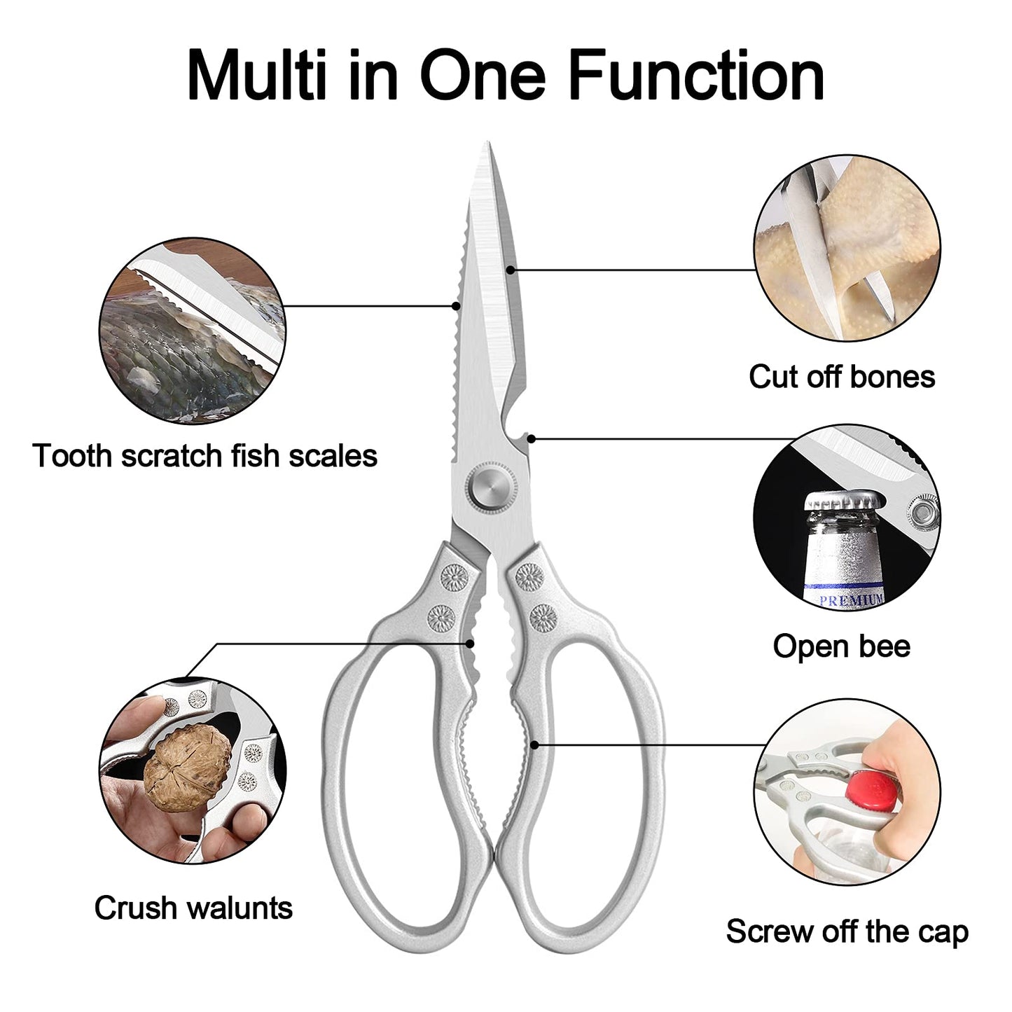 CGBE Kitchen Scissors, Multi-Purpose Kitchen Shears, Heavy Duty Dishwasher Safe Food Scissors for Chicken, Poultry, Fish, Meat & Herbs with Non-Slip Grips - Sliver