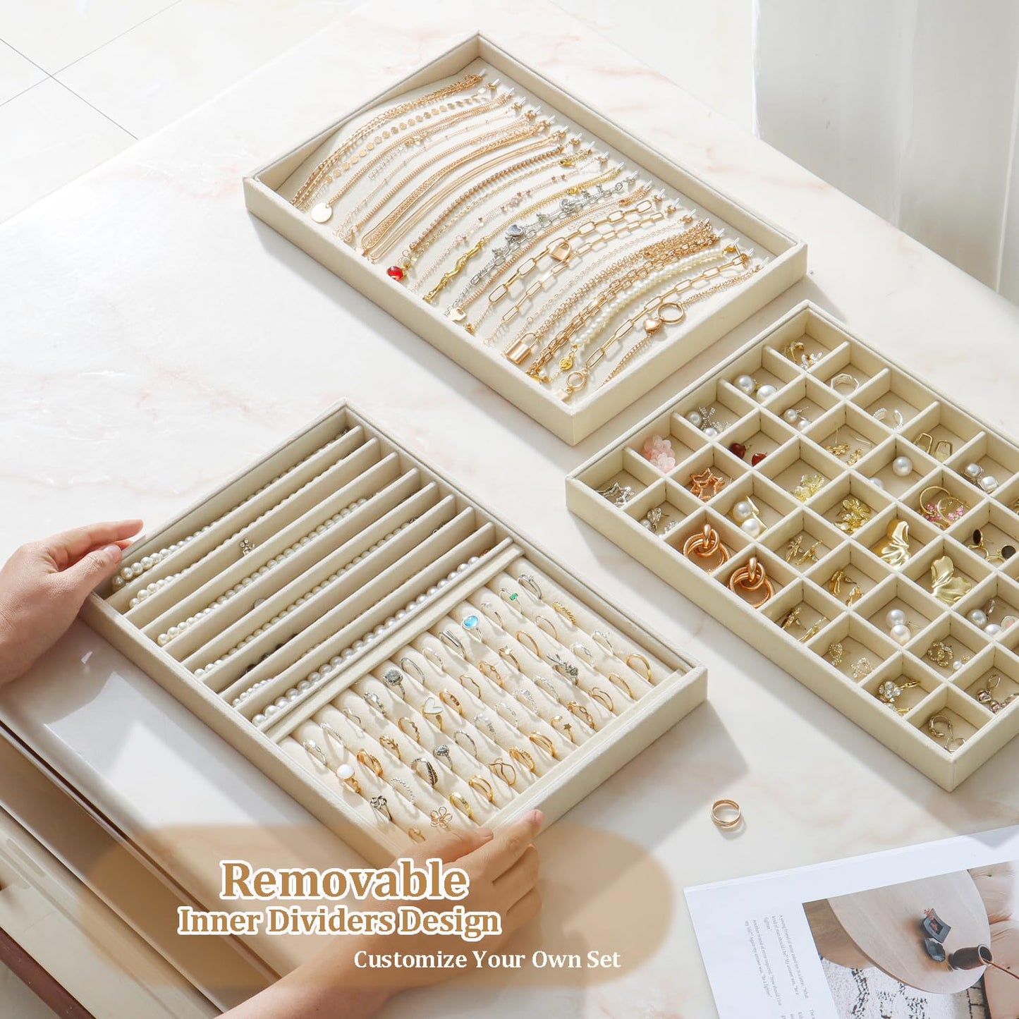 KATISYIO Large Jewelry Organizer for Drawer Insert Velvet Stackable Jewelry Trays for Earring Necklace Bracelet Ring Display (Beige, Ring and 9 Grids)