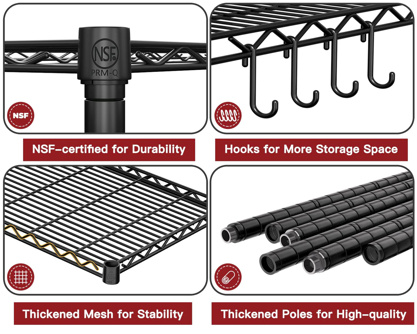 PrimeZone Wire Metal Storage Shelves - 5 Tier Adjustable NSF-Certified Heavy Duty Garage Shelving Unit Organizer Rack, Steel Utility Shelf for Kitchen, Pantry, Closet, 35.5" W x 14" D x 72" H, Black