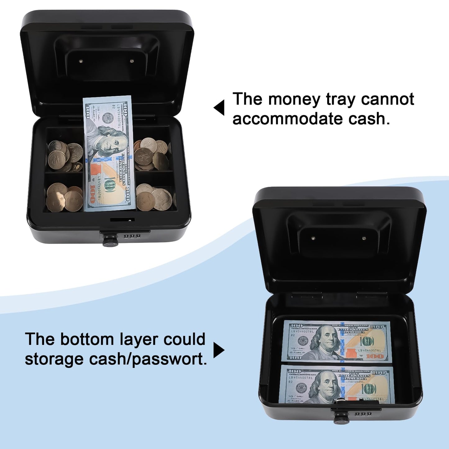KYODOLED Cash Box with Combination Lock Safe Metal Money Box with Money Tray for Security Lock Box 7.87"x 6.30"x 3.35" Black