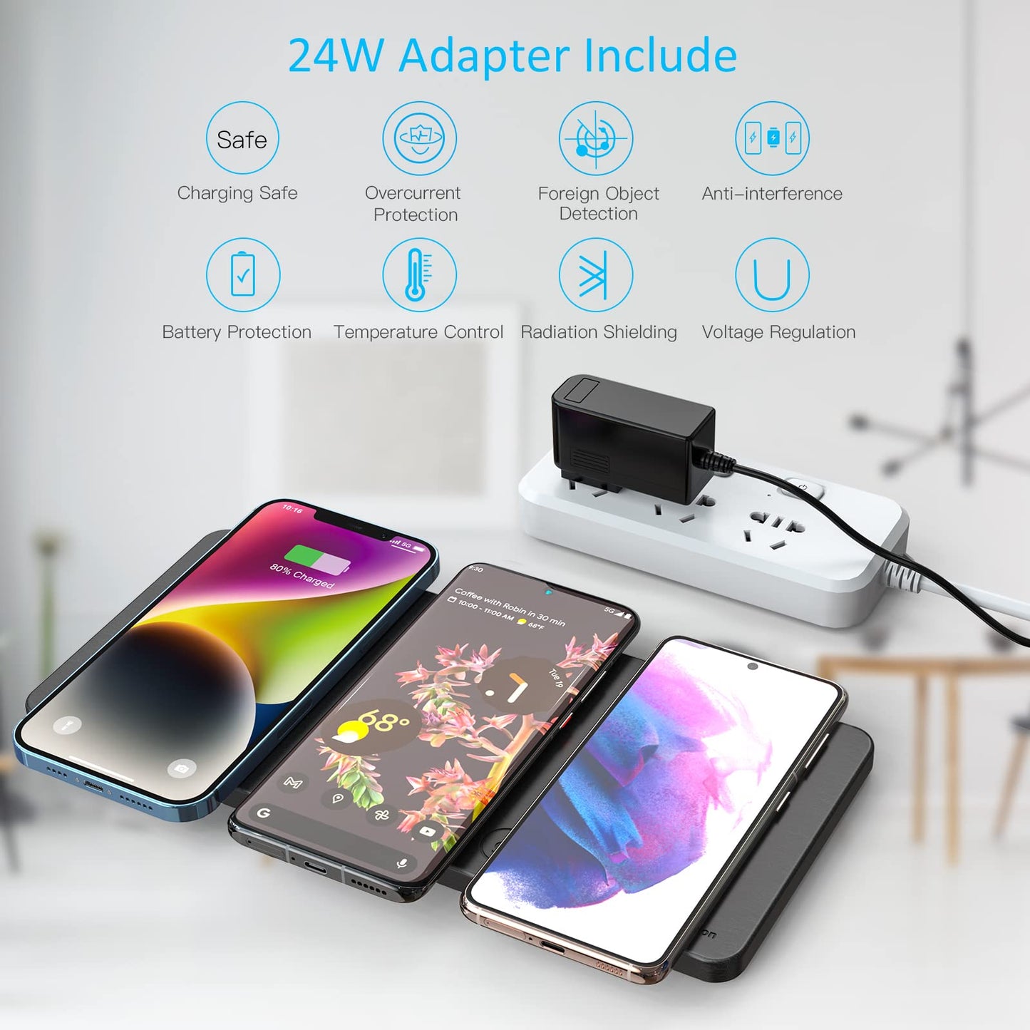 ZealSound Wireless Charging Pad, 3 in 1 Charger Mat for iPhone, Samsung Galaxy, Pixel, AirPods & Galaxy Buds, 24W Adapter Included, Ultra Slim, Case Friendly, PU Leather, for Home Office & Travel