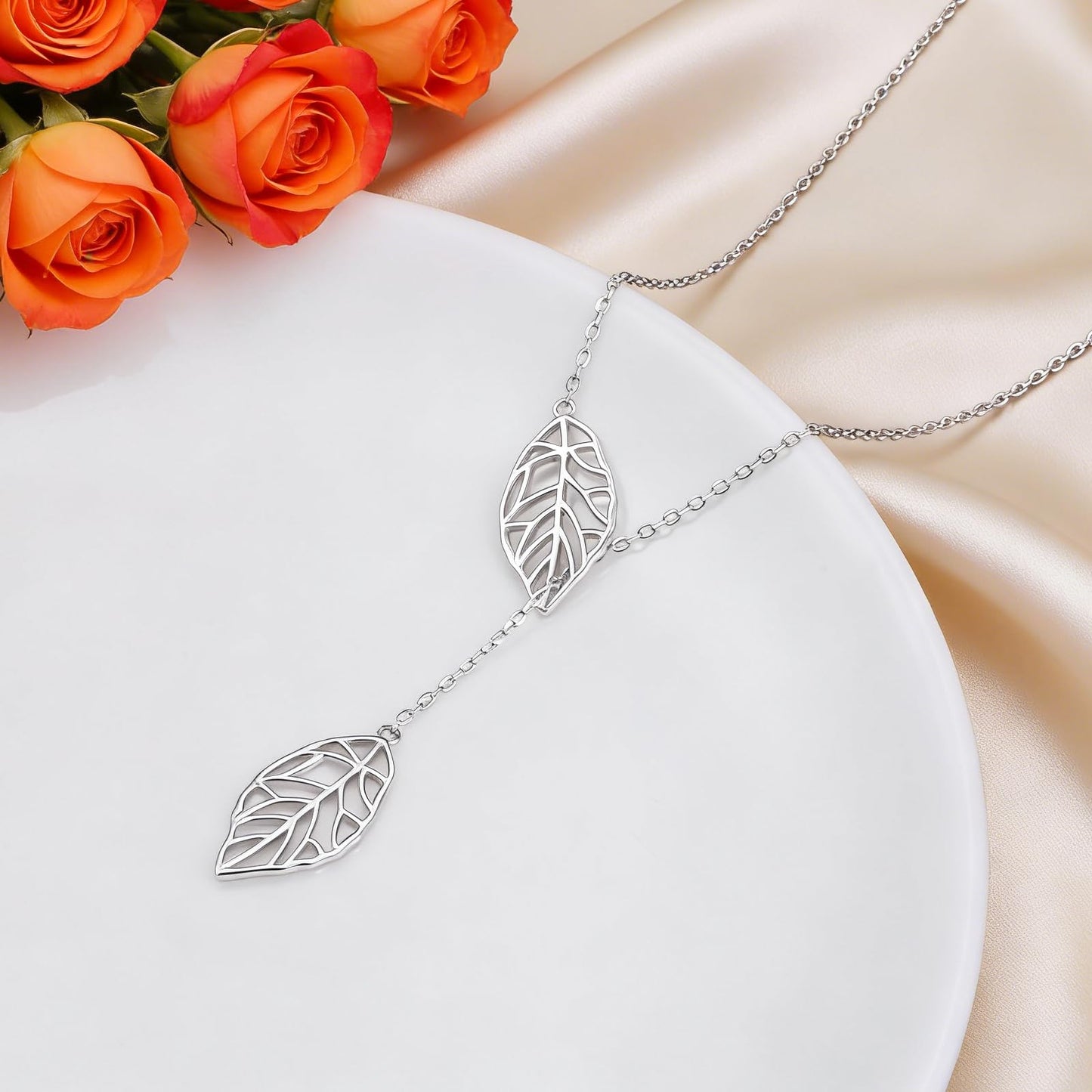 DAOCHONG Long Necklace Sterling Silver Leaf Larait Bar Y Lariat Long Chain Drop Adjustable Necklace for Her, 30"