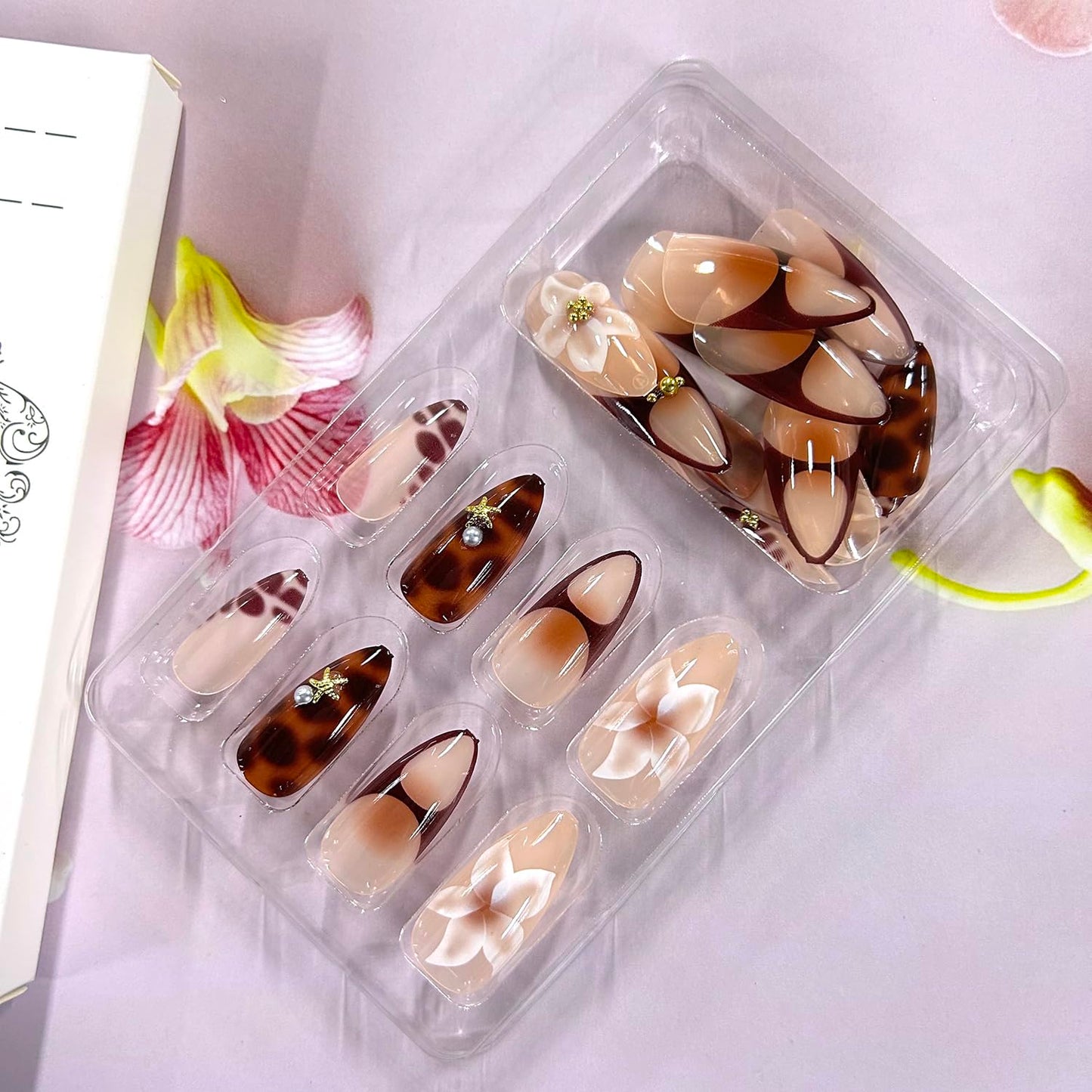 Lily Flower Press on Nails Medium Almond Artificial Acrylic False Nails French Brown 3D Metal Starfish Stick on Nails Full Cover Floral Reusable Coffin Artificial Fingernails for Women Manicure