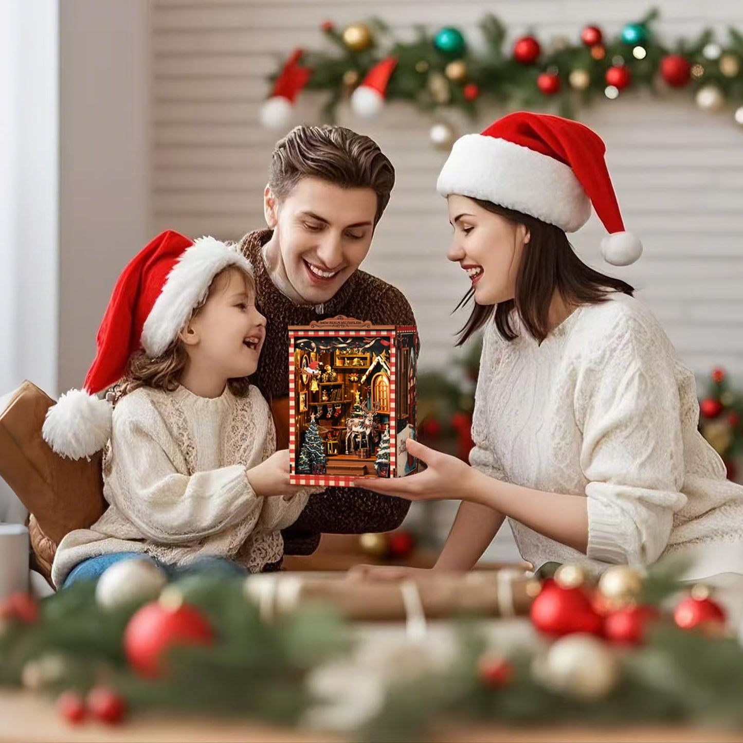 NEXTIPS DIY Mini Book Nook Kit, Snow Realm Wei Pavilion 3D Wooden Puzzle with LED Lights, Christmas Themed Bookshelf Decor, 161 Pcs Adult Craft Model for Home & Gift
