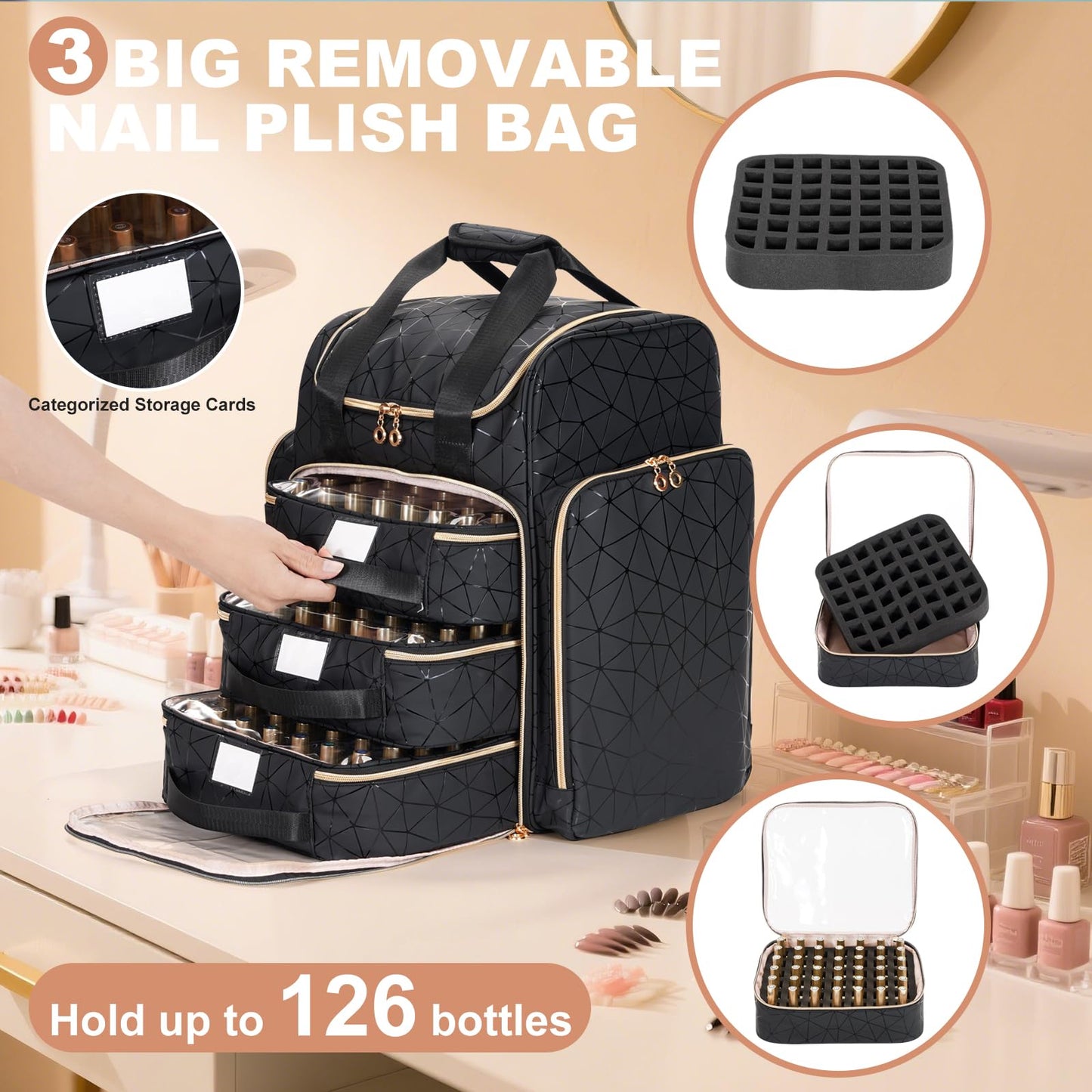 Uross Extra Large Nail Polish Organizer Bag Holds 126 Bottles Nail Polish, Lamp, Supplies- Three Layer Nail Organizers and Storage Case for Nail Tech, Nail Stuff Gel Kit Box Gift for Manicurist,Black