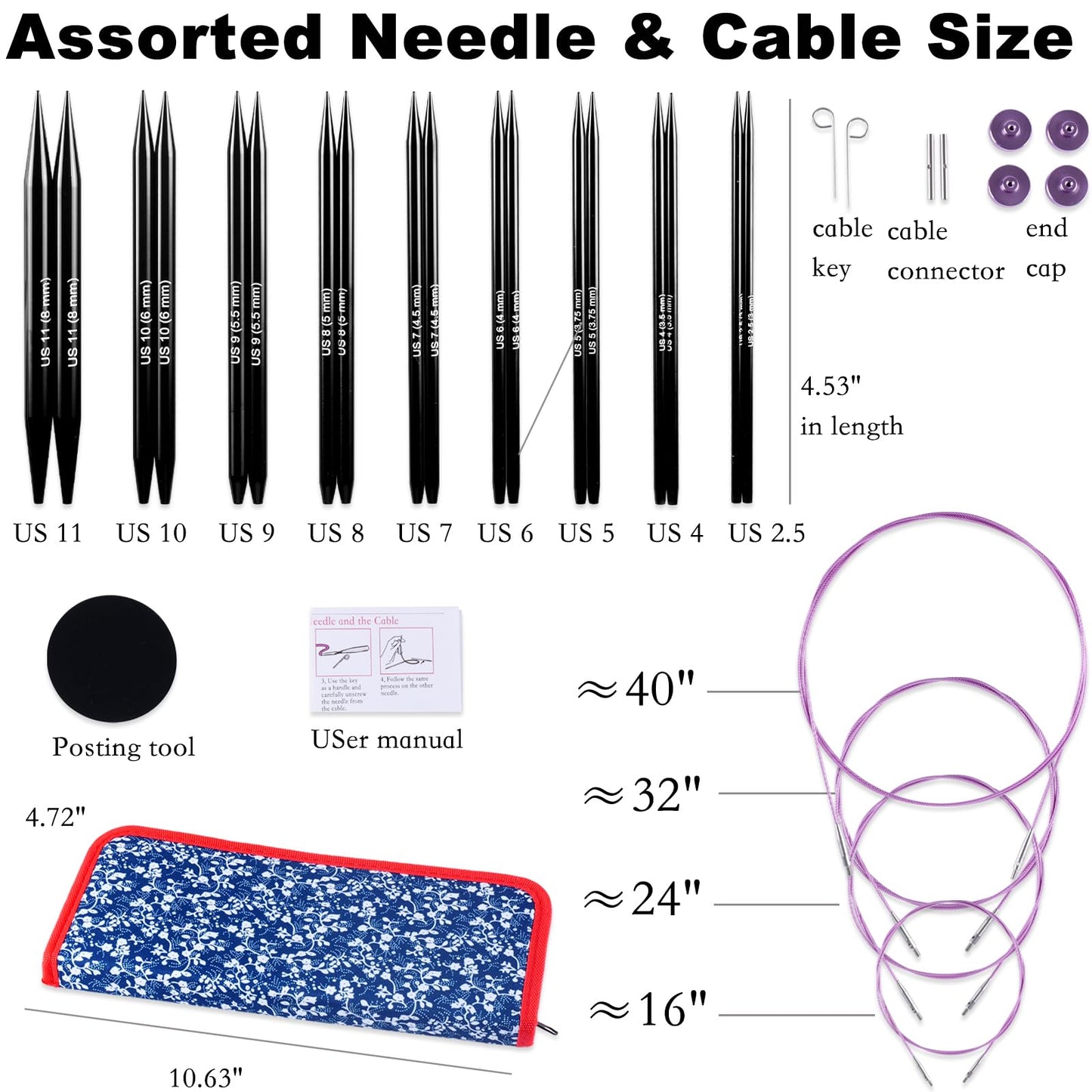 Svartur Interchangeable Circular Knitting Needles Set, with Assorted Circular Knitting Needles and Cables, Accessories and Case, 9 Pairs