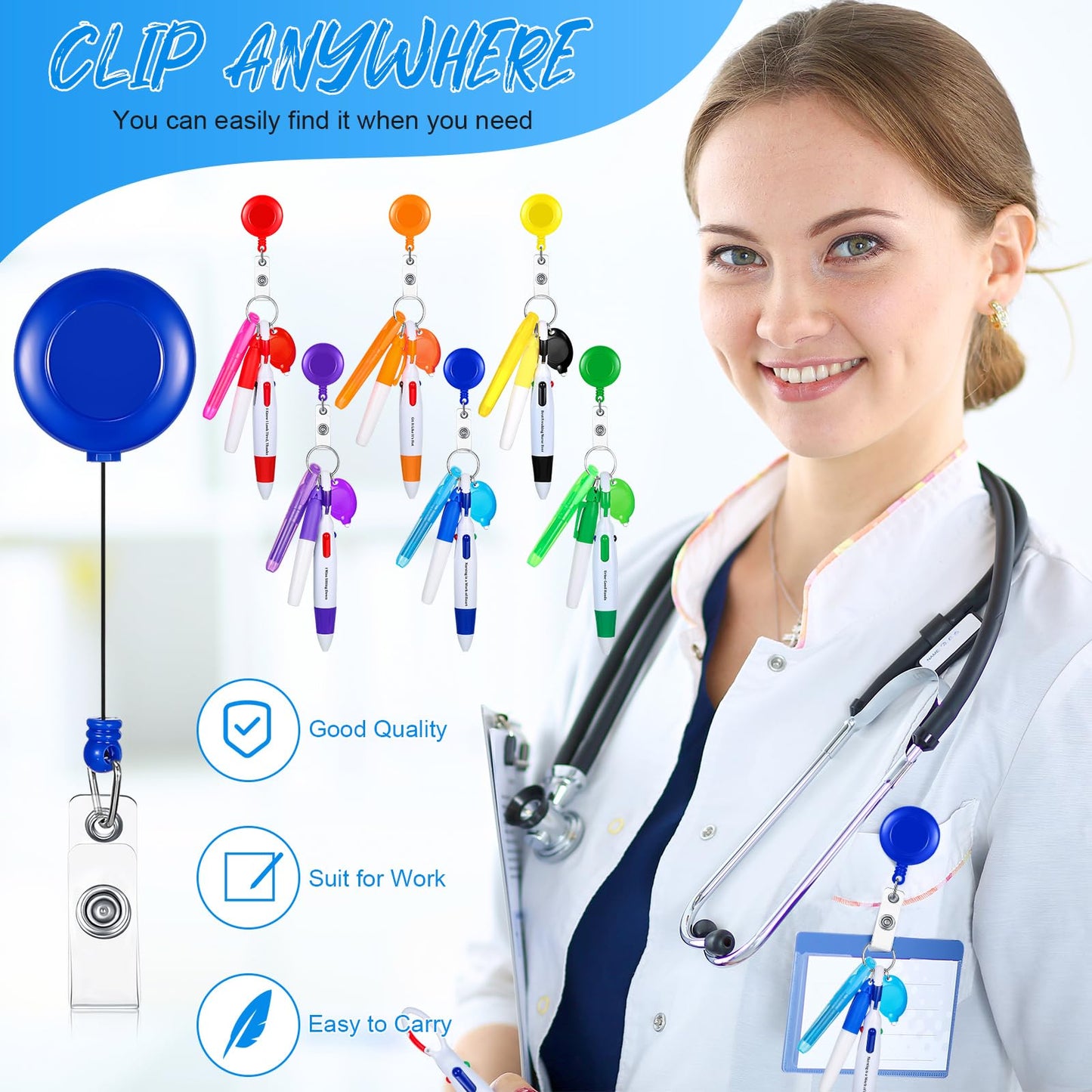 Chinco 30 Pcs Retractable Shuttle Pen Clip with Mini Highlighter Nurse Badge Pen Neon Marker LED Keychain Ring Clip for Nurse Gift(Stylish,Mix Color)