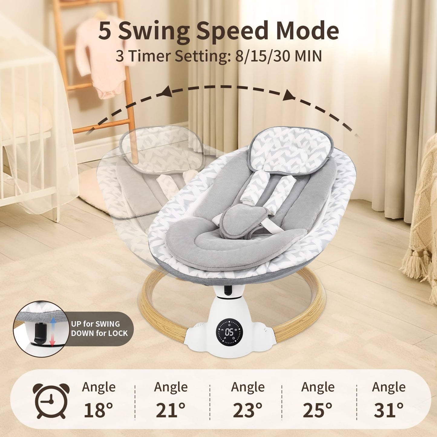 Baby Swing for Infants with 5 Swing Speeds, Portable Electric Baby Swing with Bluetooth, Remote Control & Touch Panel, 5-Point Harness,Indoor & Outdoor Use