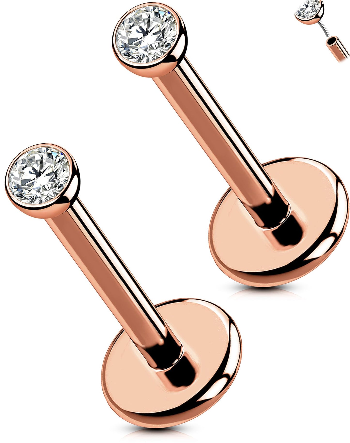 OUFER 2PCS Rose Gold Titanium Flat Back Threadless Stud Earrings, 16G/18G/20G Push Pin Piercing Jewelry – Multiple Post Lengths (5mm–12mm) & CZ Sizes (1.5mm–4mm) for Lobe, Helix, Tragus, Conch, Nose
