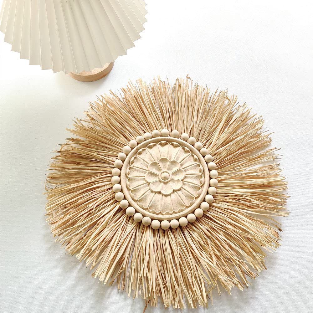 Hlsicnalm Boho Handmade Woven Straw Wall Decor Moroccan Wood Beads Wall Hanging Ornament Round Home Decoration for Living Room D