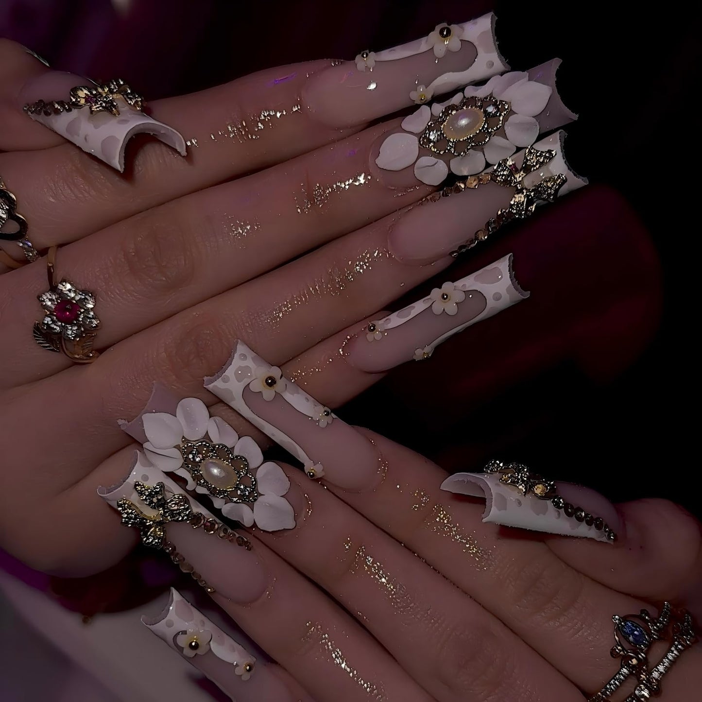 Luxury Handmade Long Press on Nails Square Fake Nails Summer French Tip Press Ons with 3D Flowers Diamond Design Reusable False Nails Full Cover Stick on Nail for Women Manicure 10Pcs (Size M)