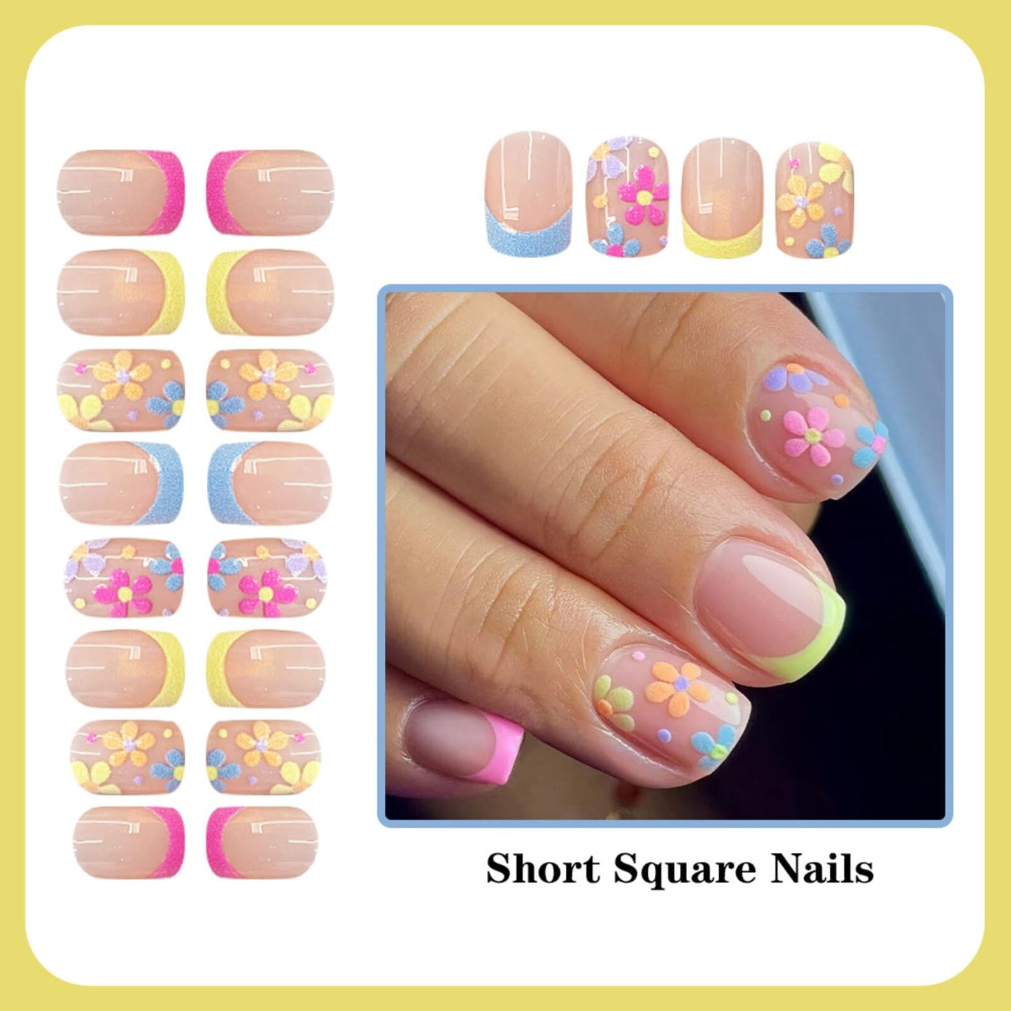 Floral Short Square Press on Nails Soft Nude Base Neon Yellow French Tips Pastel Floral Accents Glossy Finish Reusable Spring Nails Easy Apply Party Wear Durable Trendy Women Girls Nail Art 24 Pcs