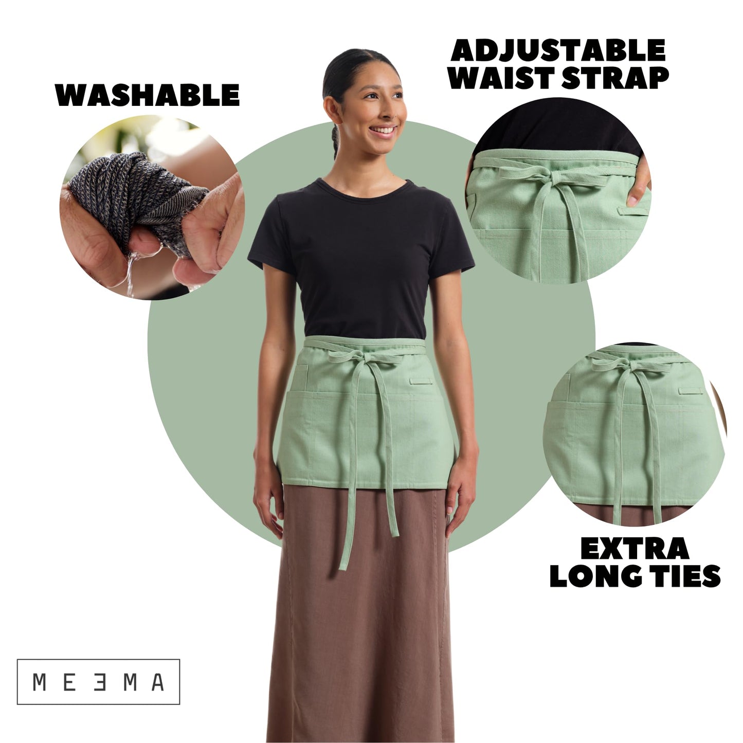 MEEMA Chef Waist Apron Cotton Fabric |Washable & Breathable Waitress & Server Half Aprons for Women with Pockets & Long Waist Straps | Cooking, Baking, Grilling & Crafting