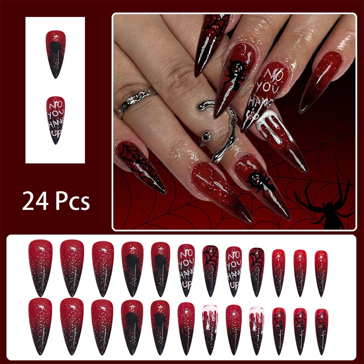 24 Pcs Halloween Press on Nails Long Almond Fake Nails with Blood Drop Designs Spider Web Glue on Nail Scary Spider Acrylic Nail Black Red Gradient False Nail Full Cover Stick on Nails for Women
