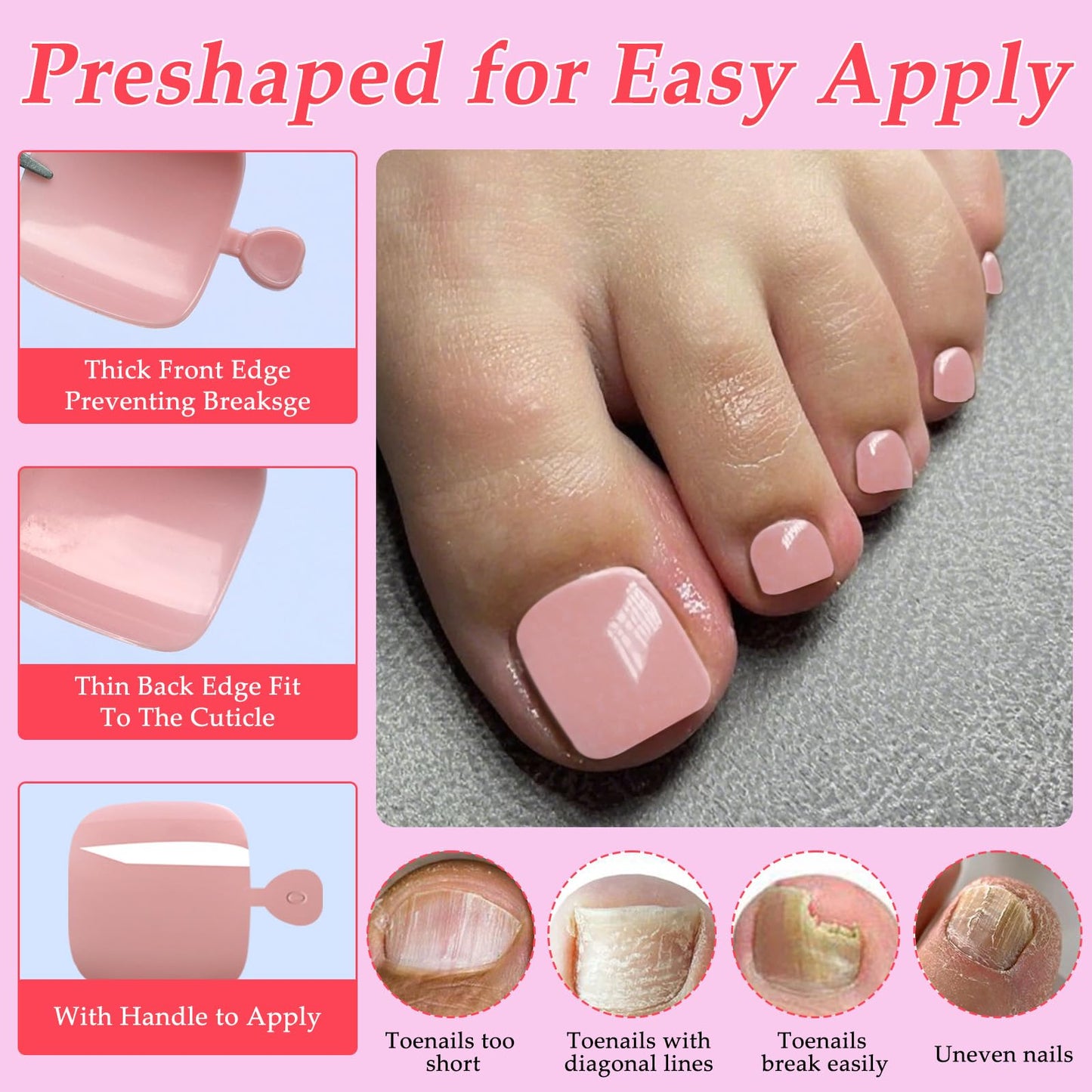 Lifextol 120PC Pink Press on Toenails for Women Fake Toe nail Press ons Acrylic Toe Press on Nails Set, Pink Press on Toe Nails Press on Fake Toenails Press ons Acrylic Toe Nail Tips Kit & Glue Tab-M
