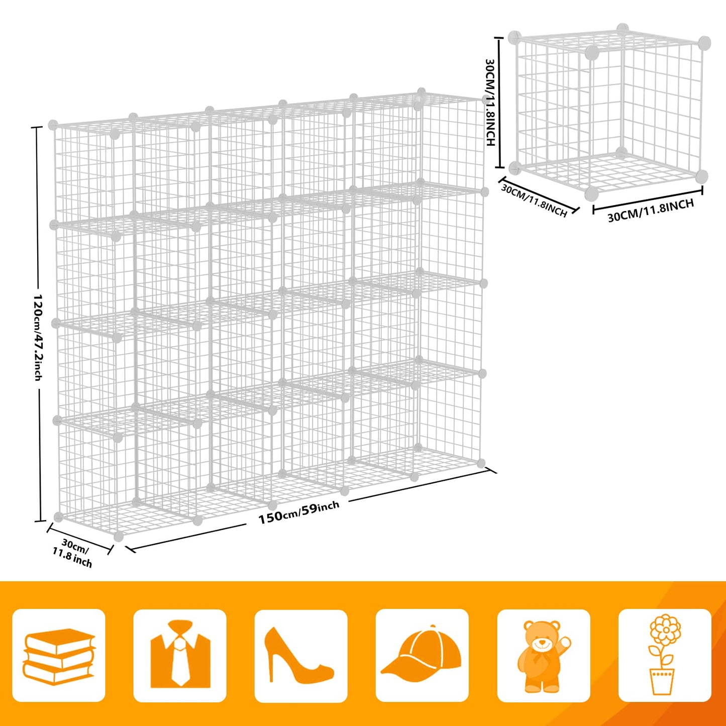 HUBSON Wire Cube Storage Organizer, Book/Toy/Craft/Potted Plants and petCloset Organizers and Storage Shelves, 20-Cube Freely Combinable Metal Grids Storage Shelf, White Iron