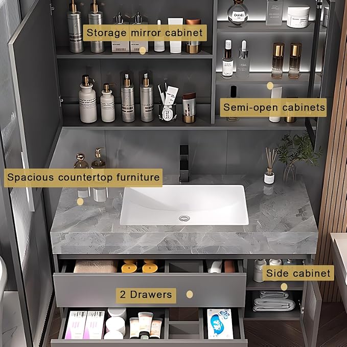 White 44IN Modern Bathroom Vanity - Wall-Mounted Bathroom Storage Cabinet & Bathroom Vanity with Sink, Bathroom Medicine Cabinet Wall Mounted, Defogging & Led Lighting | Bathroom Cabinet Slim