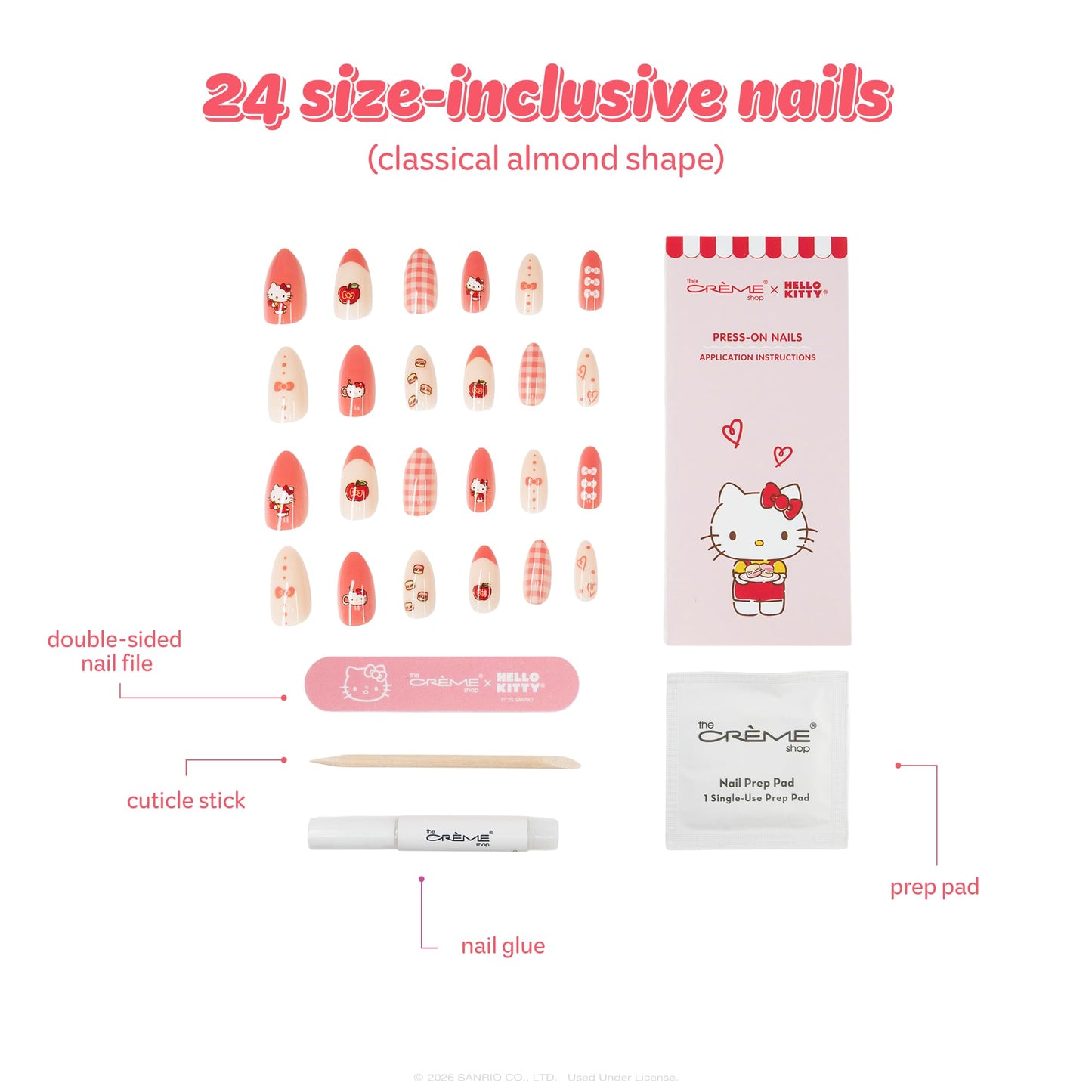 The Crème Shop x Hello Kitty Sweet Glaze Press On Nails, Almond Shape, 24 Nails Kit with Glue and Tools (Sweet Glaze)
