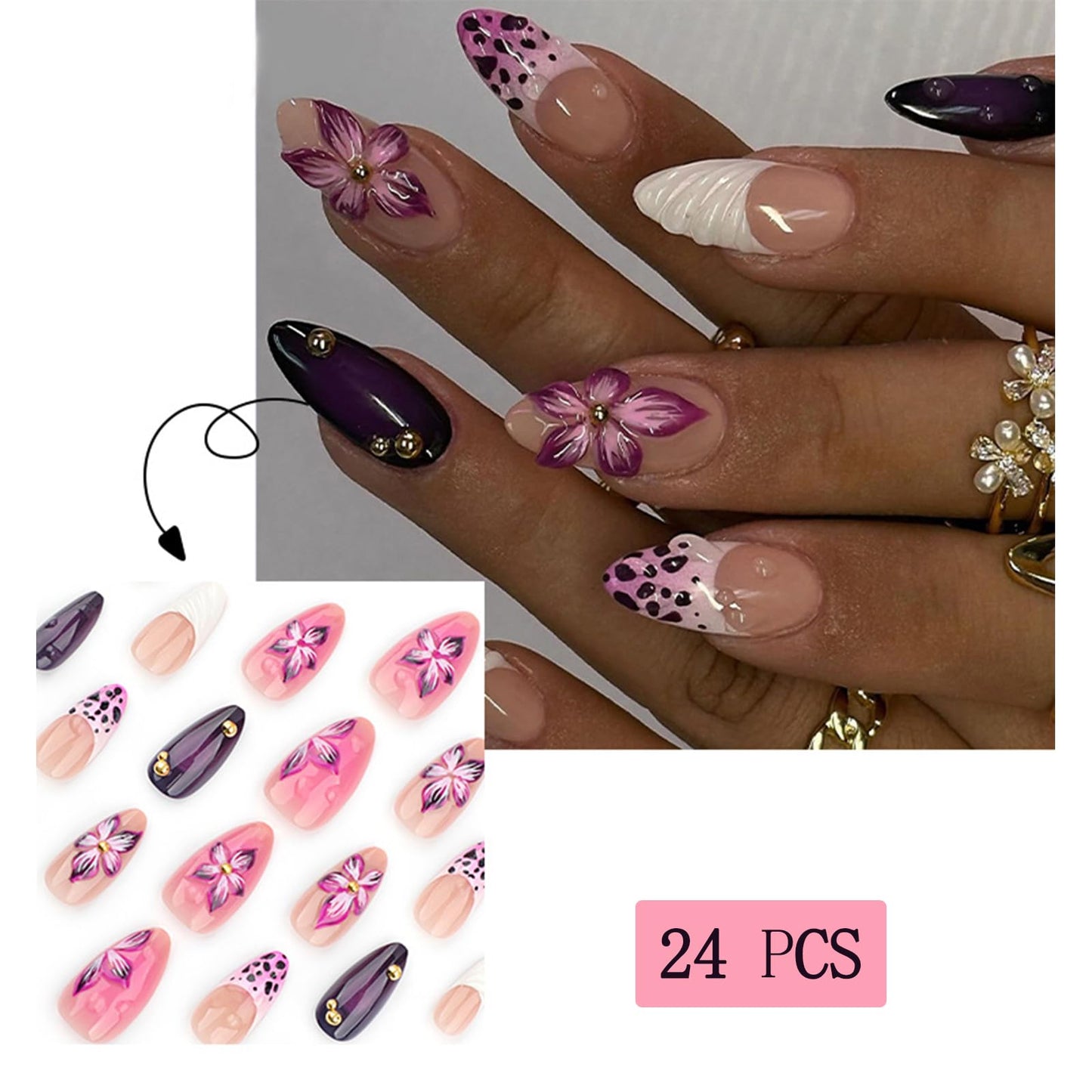 Leopard French Tip Press on Nails Medium Almond 3D Embossed Floral with Leopard Print Gold Pearl Shell French Tips Design Acrylic Artificial Fake Nails for Women Girls Manicure Decorations 24Pcs