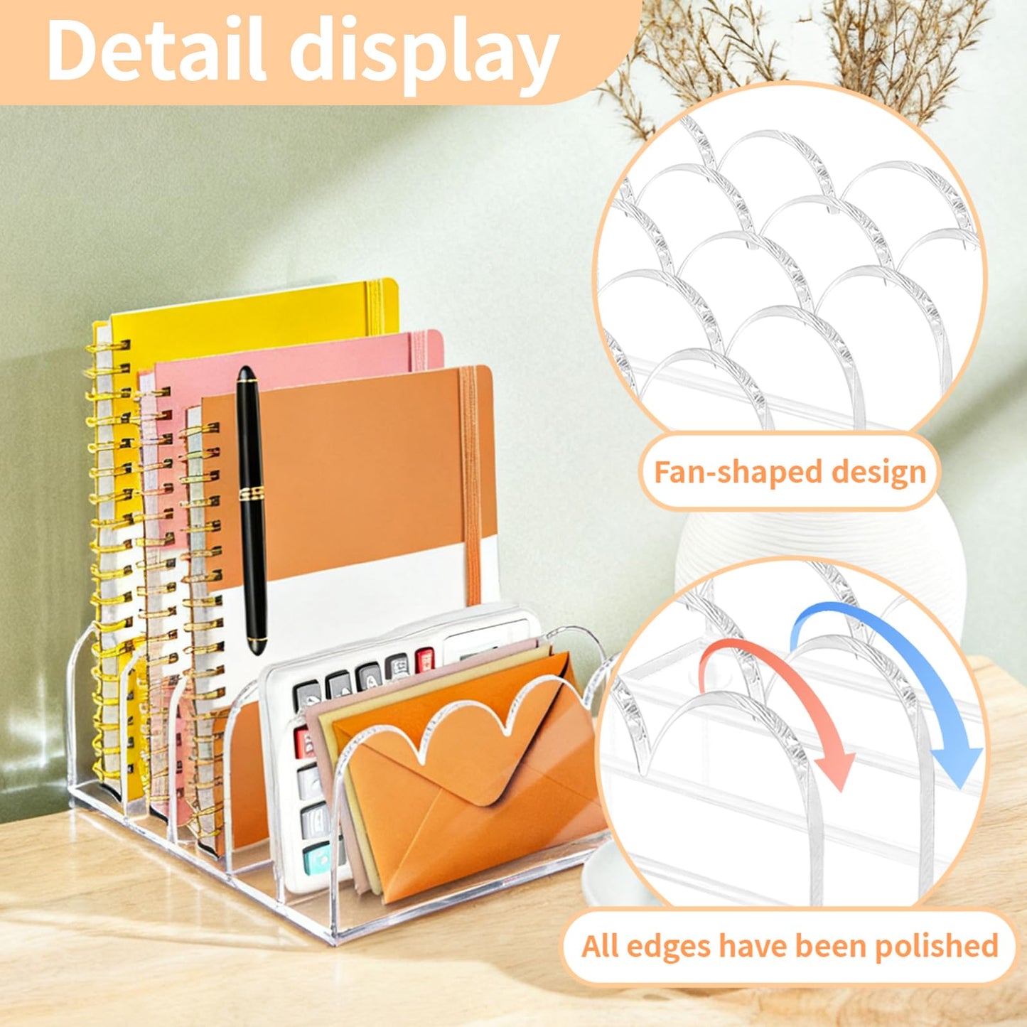 5-Slot Acrylic File Organizer for Desktop Clear Mail Holder Office Document Sorter Mails Storage 5 Compartments Multifunction Letter Folder Racks Holders for Office,Home, School Desk Organization