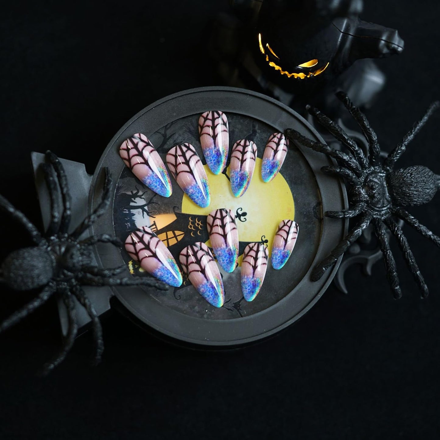 CJDLTS Halloween Press on Nails Medium Almond Black Spider Web Pattern Design Halloween Nail Full Cover Glossy Artificial Acrylic False Nail Laser French Tip Festival Stick on Nails for Women 24Pcs