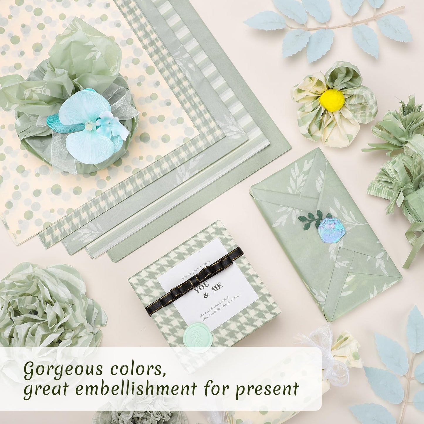 woric 120 Sheets Green Tissue Paper for Gift Bags, Sage Green Gift Tissue Paper Bulk with Botanical Stripe Dot for Spring Wedding Baby Shower Graduation DIY Crafts, 14 x 20 Inch