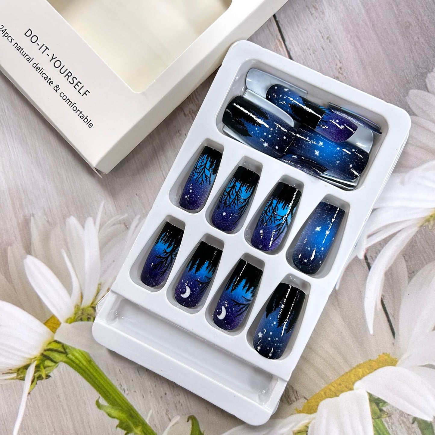 Press on Nails Medium Square Aurora Blue Night Black Forest Design False Nails Artificial Nails Full Cover Nails Acrylic Coffin Nails Reusable Glue on Nails DIY Stick on Nails for Women 24Pcs
