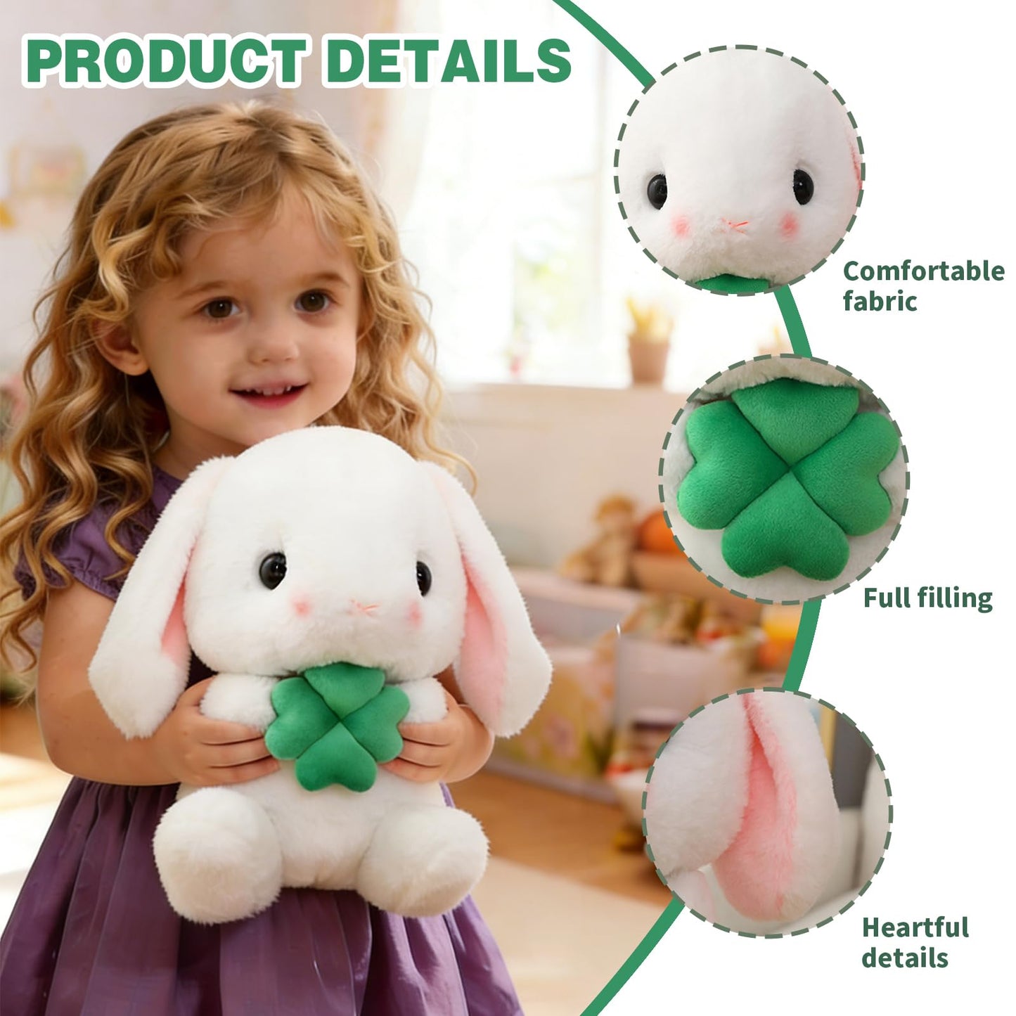 HOUPU Soft Toy - Sitting Lop Eared Rabbit, Easter White Rabbit Stuffed Bunny Animal with Carrot Soft Lovely Realistic Long-Eared Standing Pink Plush Toys (White-Four Leaf,16.9in/43cm)