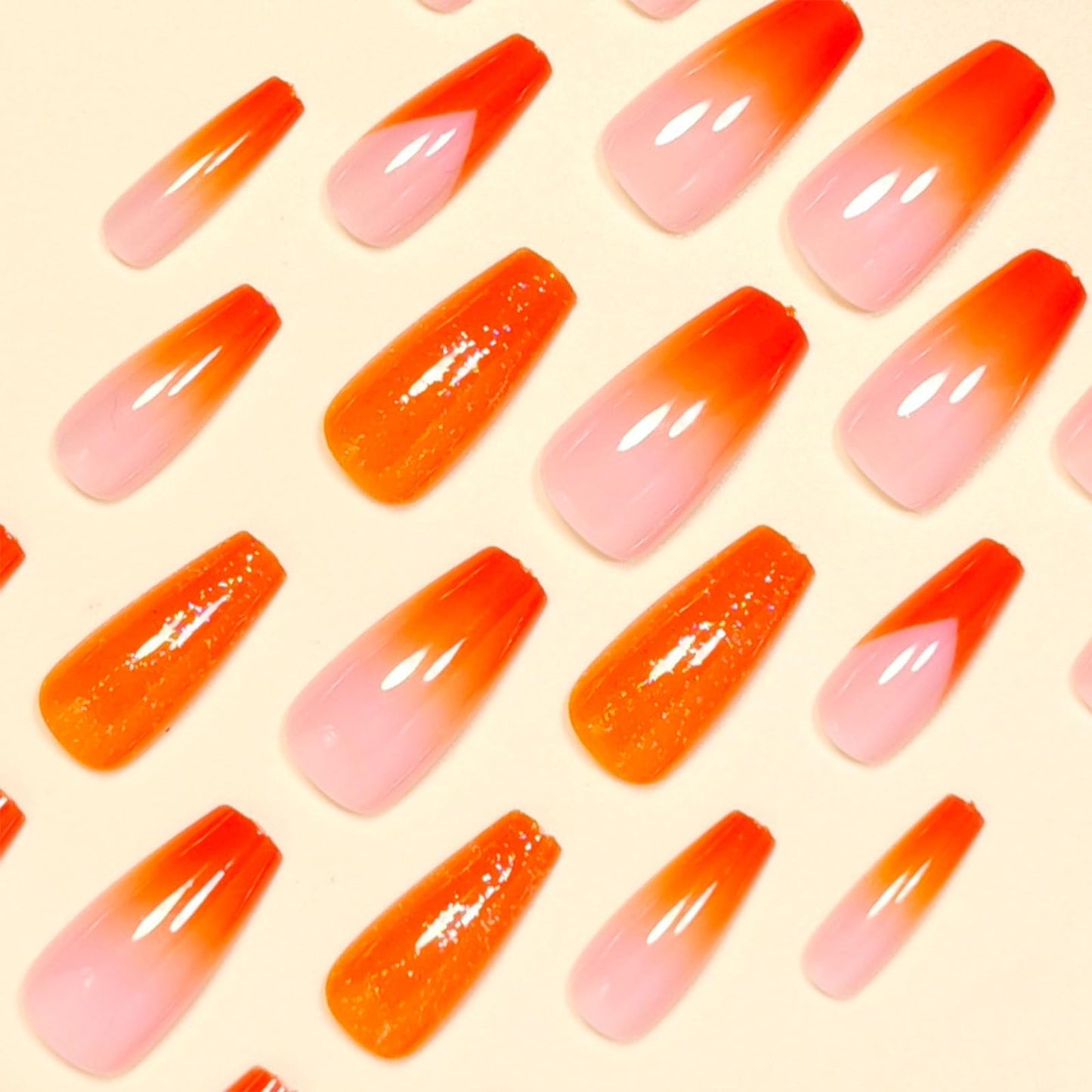 SINHOT Coffin Press on Nails - Long Fake Nails, Glossy Finish, Orange Gradient & Glitter, Reusable Artificial False Nail Art - 24 Pcs Nail Kit with Glue