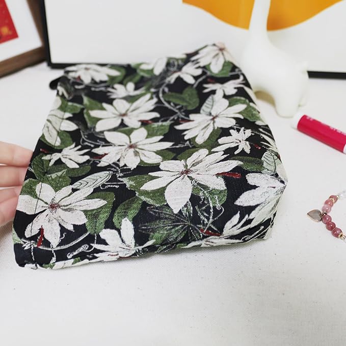 HAPPYHEIDI Large Black Embroidery Floral Makeup Bag Cosmetic Toiletries Travel Pouch, Canvas Lined, Purse Organizer, White Green Flowers