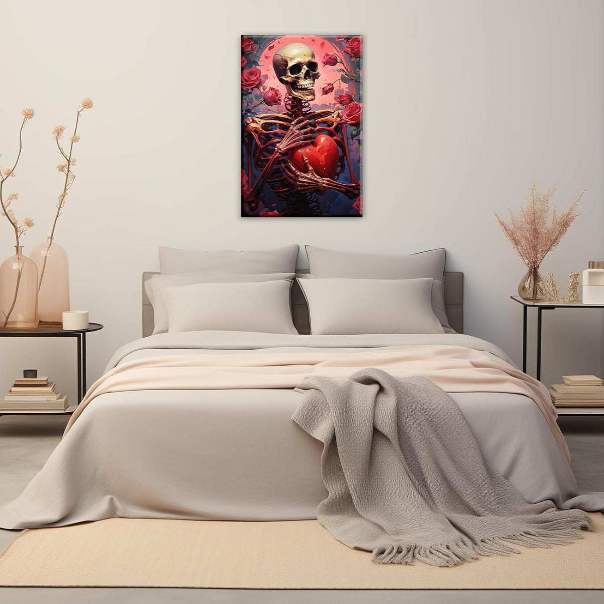 OAAPITI Skull Skeleton Canvas Wall Art Skull Holding Heart Picture Print Romantic Theme Painting Artwork Gothic Poster Wall Decor Living Room Halloween Decor(Artwork-1,28"x42")