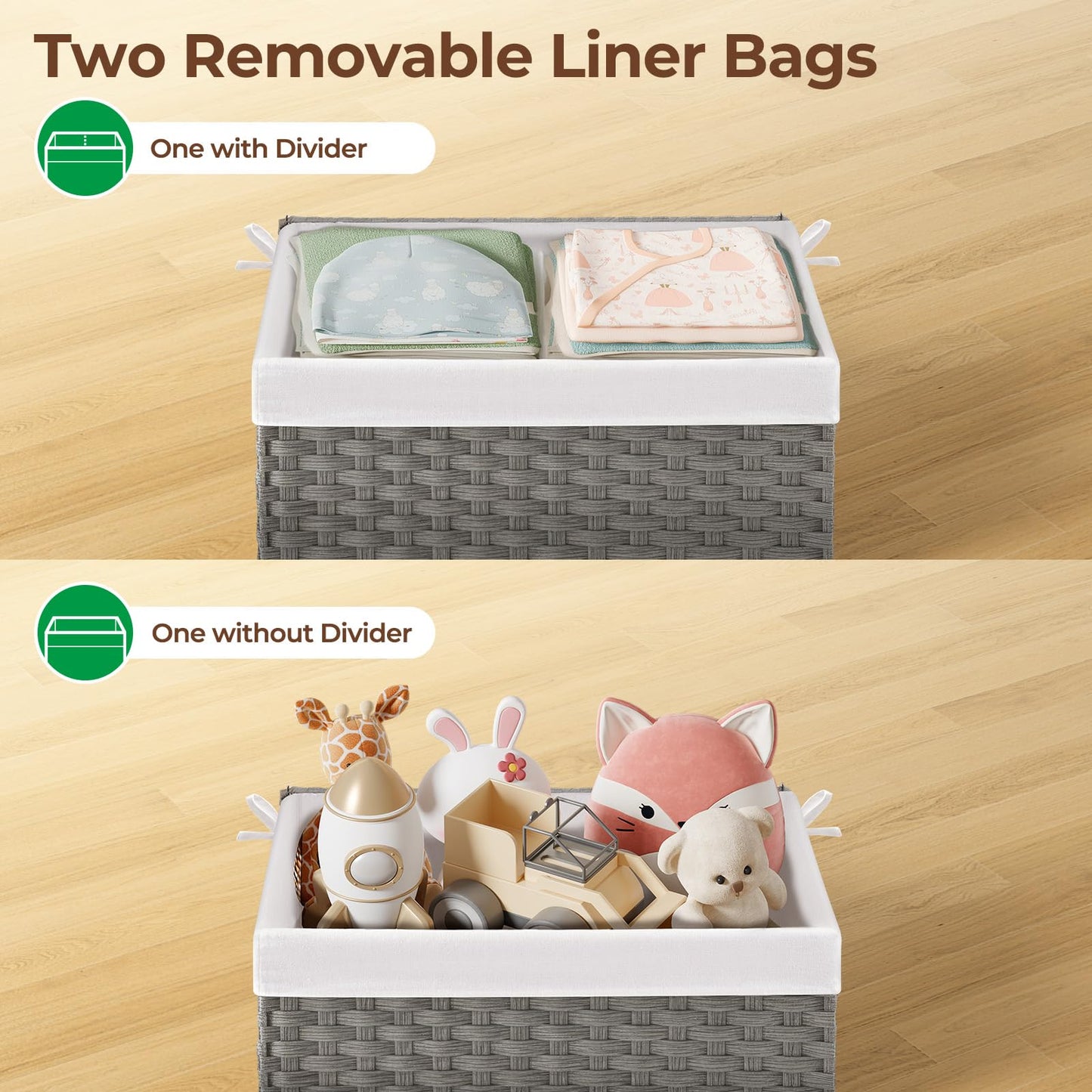 GREENSTELL Storage Basket with Lid, 17.2 Gallon(65L) Small Wicker Blanket Storage Basket with Handles, Foldable, 2 Removable Liner Bags, Metal Frame, for Bedroom, Laundry Room, Grey, 22.2"*13.4"*13.4"