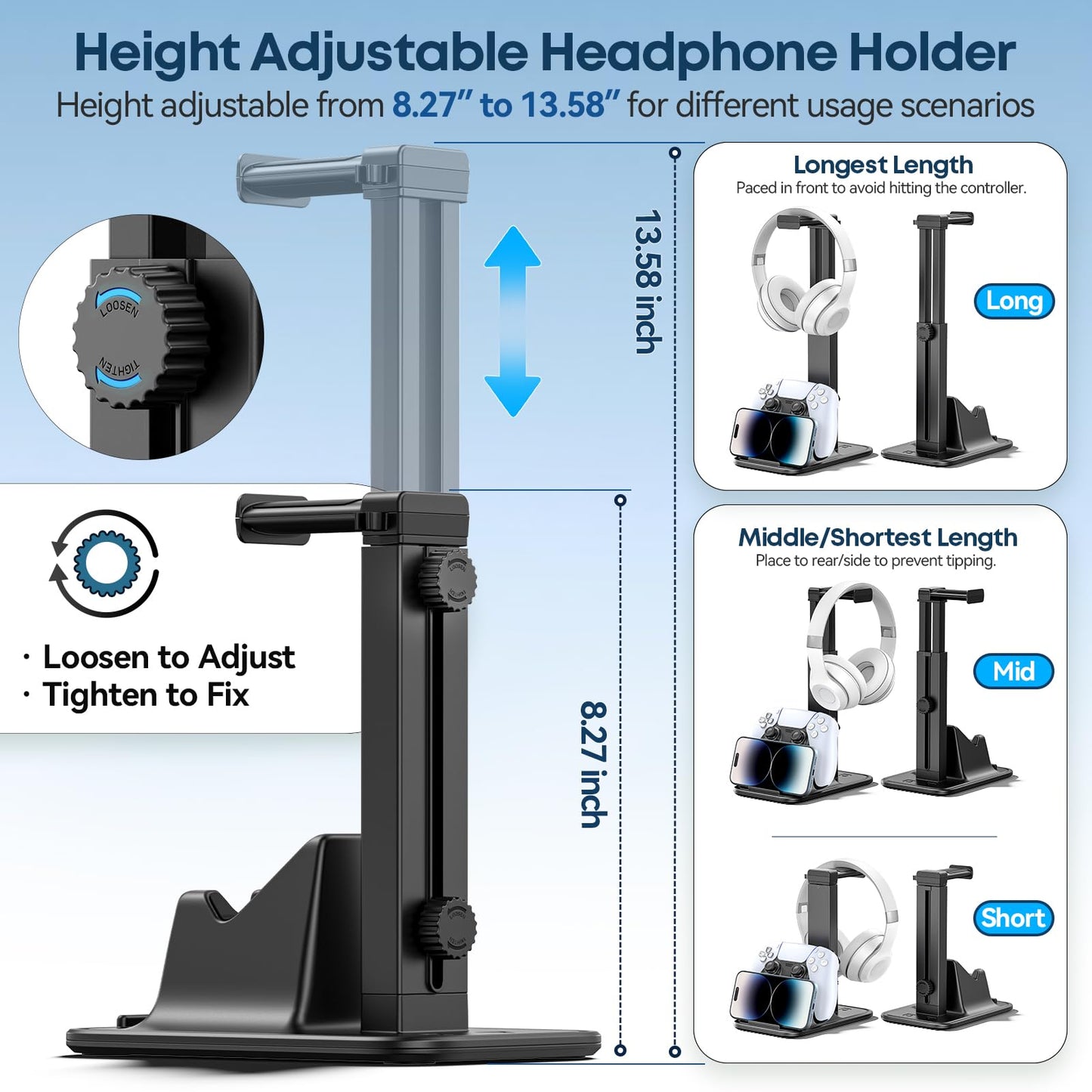 Gaming Headset & Controller Stand, Rotating Headphone Storage with Controller & Phone Holder, Game Desk Storage with Cable Organizer for PS5/PS4/XBOX PC Gamer Essentials Organizer Gift Accessories